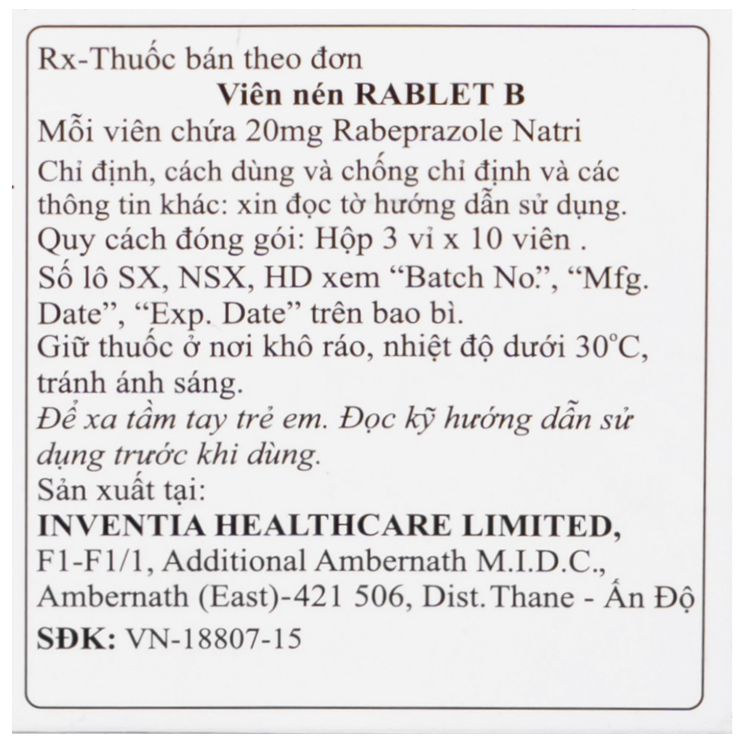 Thuốc Rablet-B Inventia điều trị loét do hội chứng trào ngược dạ dày, thực quản (3 vỉ x 10 viên)