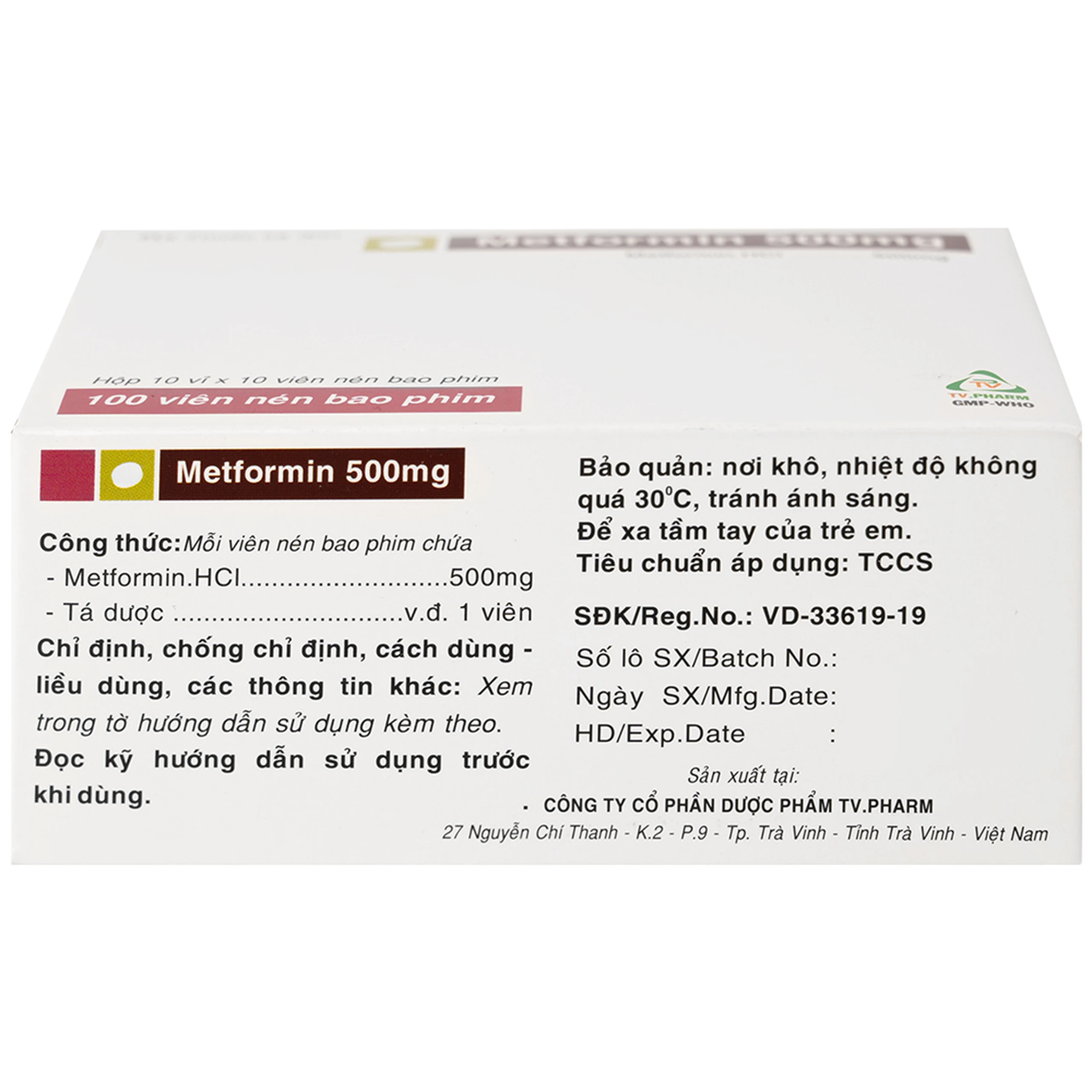 Thuốc Metformin 500mg TV Pharm điều trị đái tháo đường (10 vỉ x 10 viên)