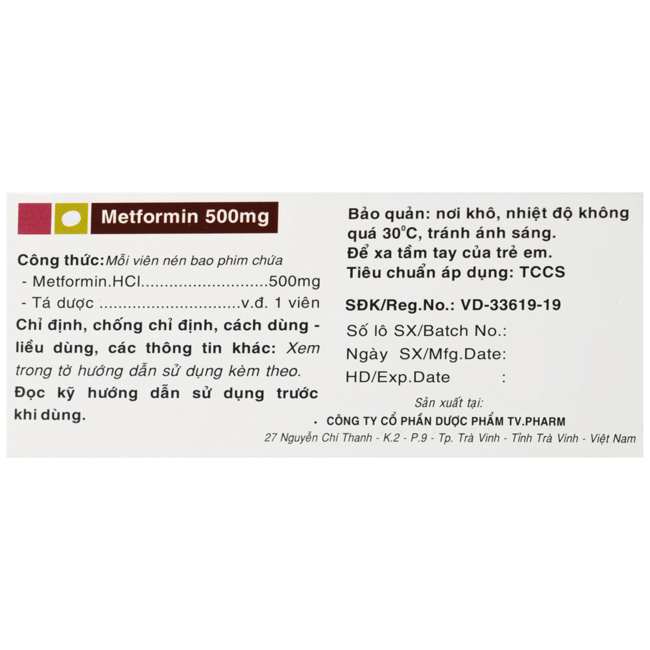 Thuốc Metformin 500mg TV Pharm điều trị đái tháo đường (10 vỉ x 10 viên)