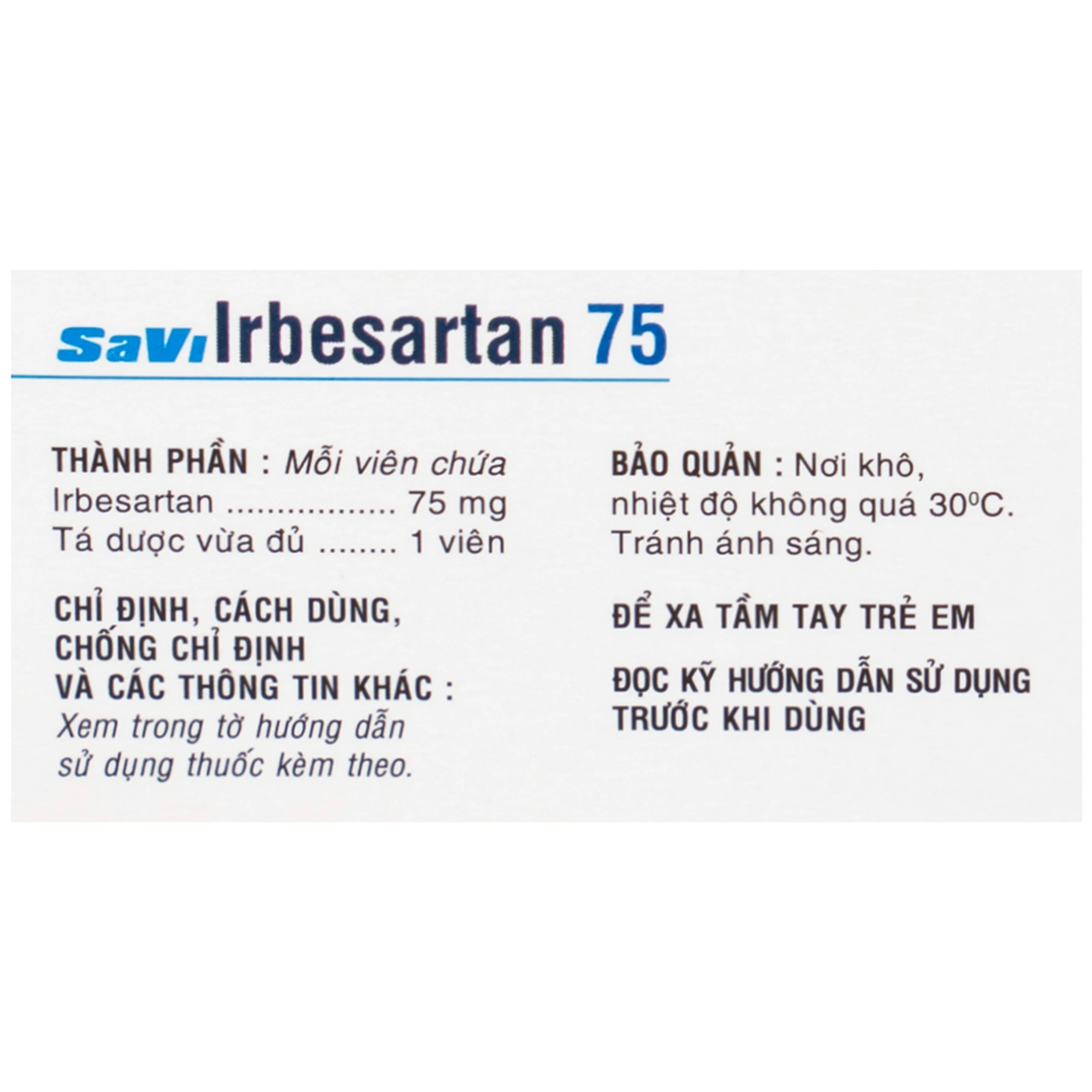 Thuốc SaVi Irbesartan 75 SaviPharm điều trị tăng huyết áp, bệnh thận (3 vỉ x 10 viên)