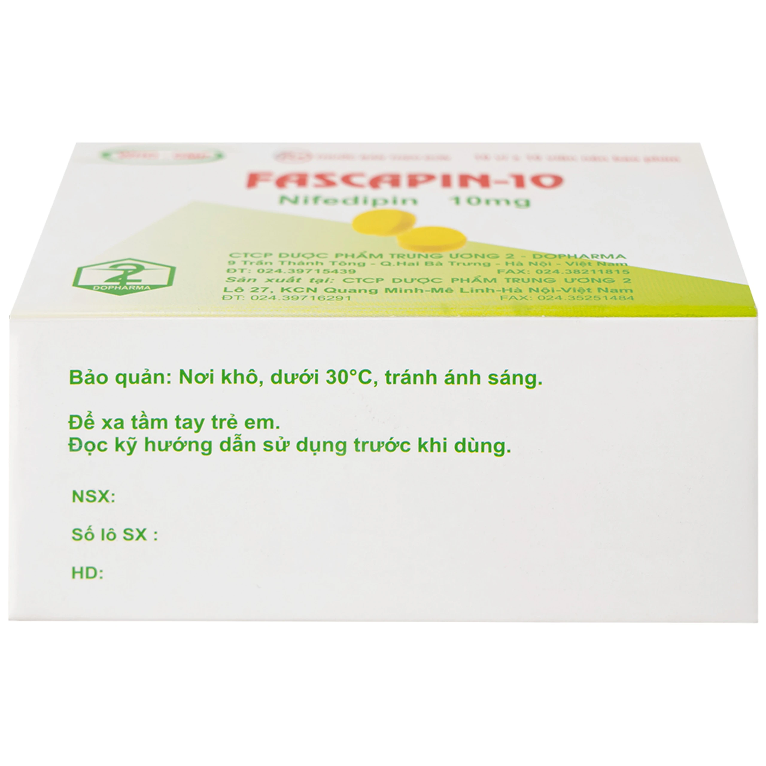 Thuốc Fascapin-10 Nifedipin Trung Ương 2 dự phòng đau thắt ngực, cao huyết áp (10 vỉ x 10 viên)