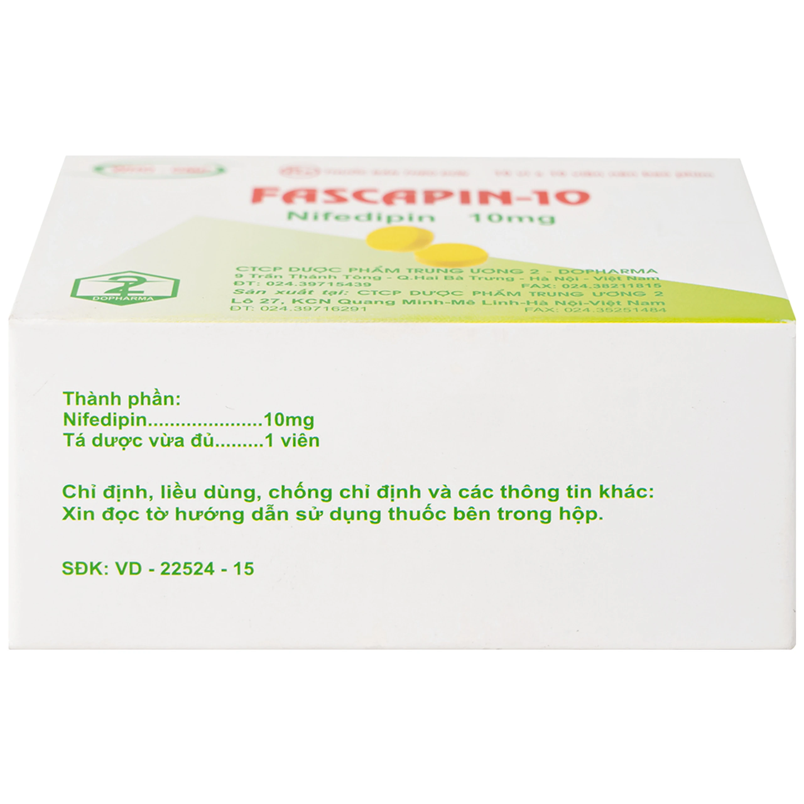 Thuốc Fascapin-10 Nifedipin Trung Ương 2 dự phòng đau thắt ngực, cao huyết áp (10 vỉ x 10 viên)