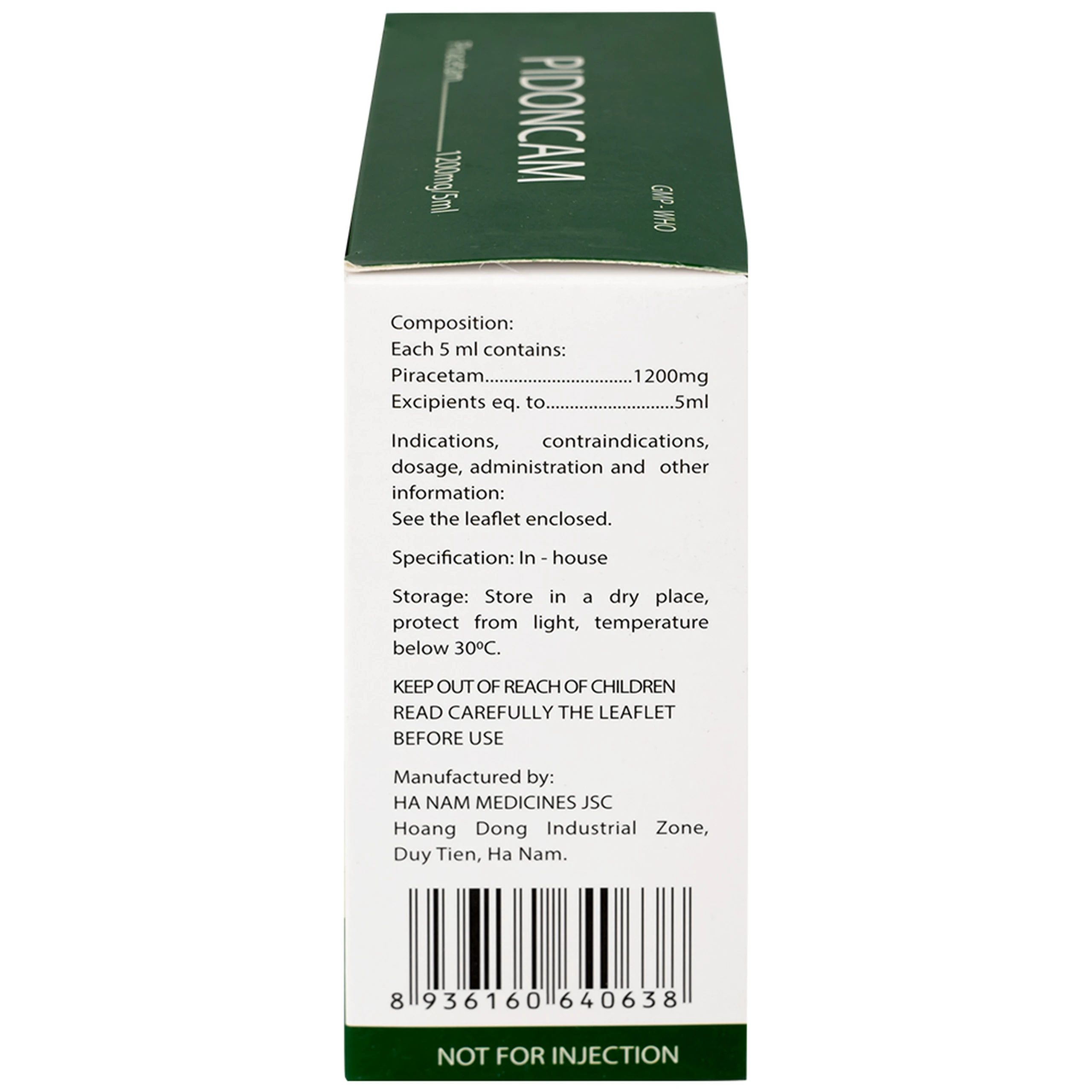 Thuốc Pidoncam 1200mg/5ml Hà Nam điều trị triệu chứng chóng mặt, suy giảm trí nhớ (20 ống x 10ml)