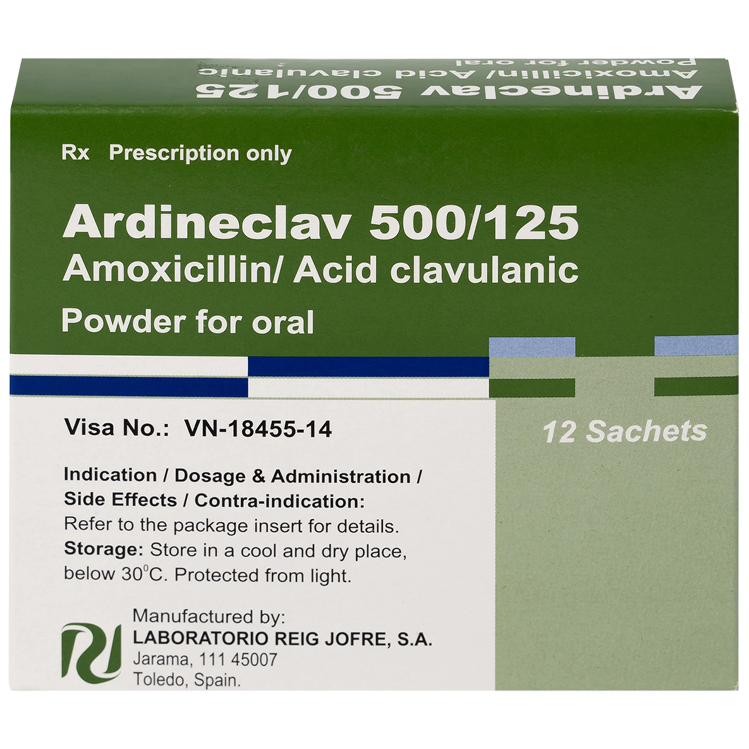 Bột pha hỗn dịch uống Ardineclav 500/125 Laboratorio Reig Jofre điều trị ngắn ngày nhiễm khuẩn (12 gói)