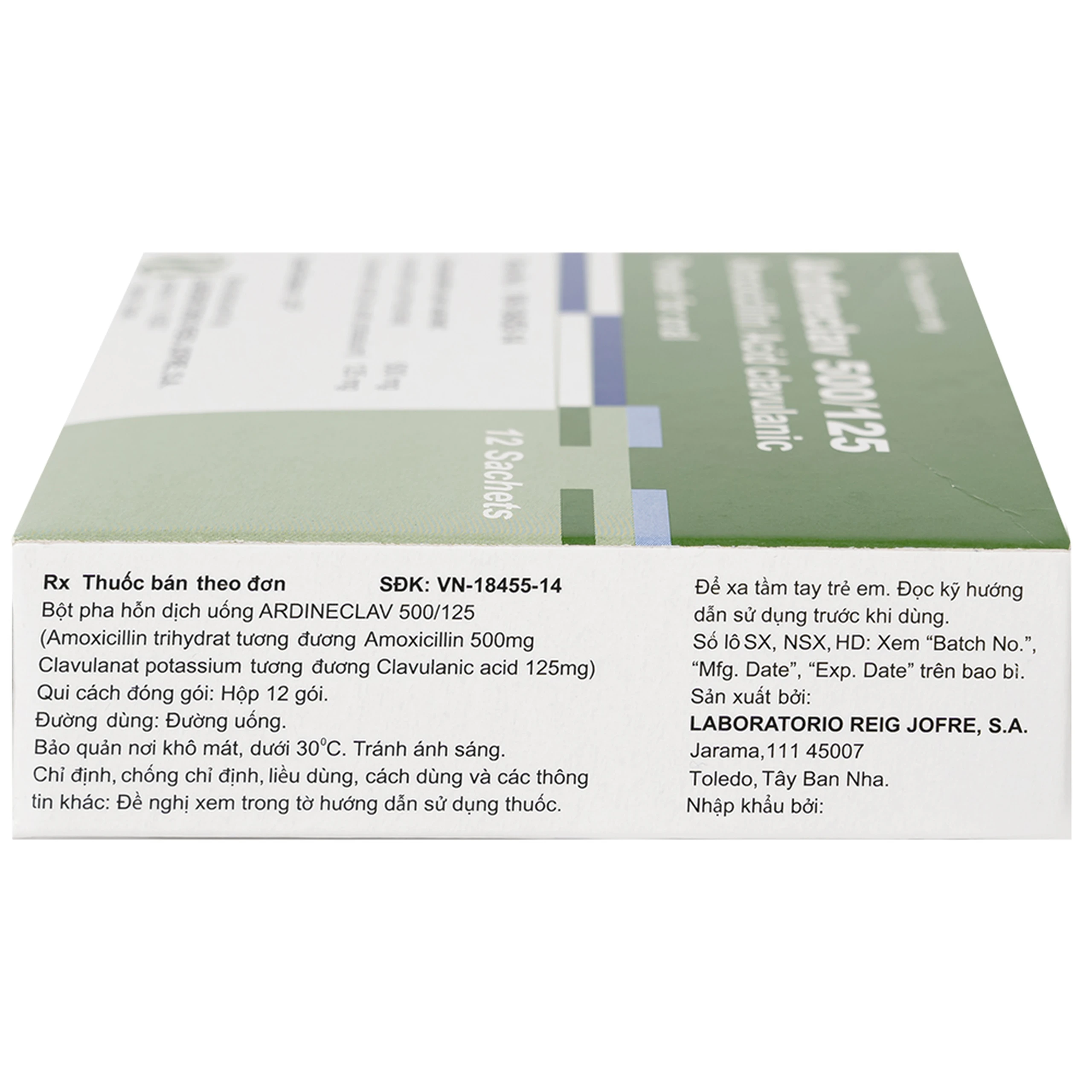 Bột pha hỗn dịch uống Ardineclav 500/125 Laboratorio Reig Jofre điều trị ngắn ngày nhiễm khuẩn (12 gói)