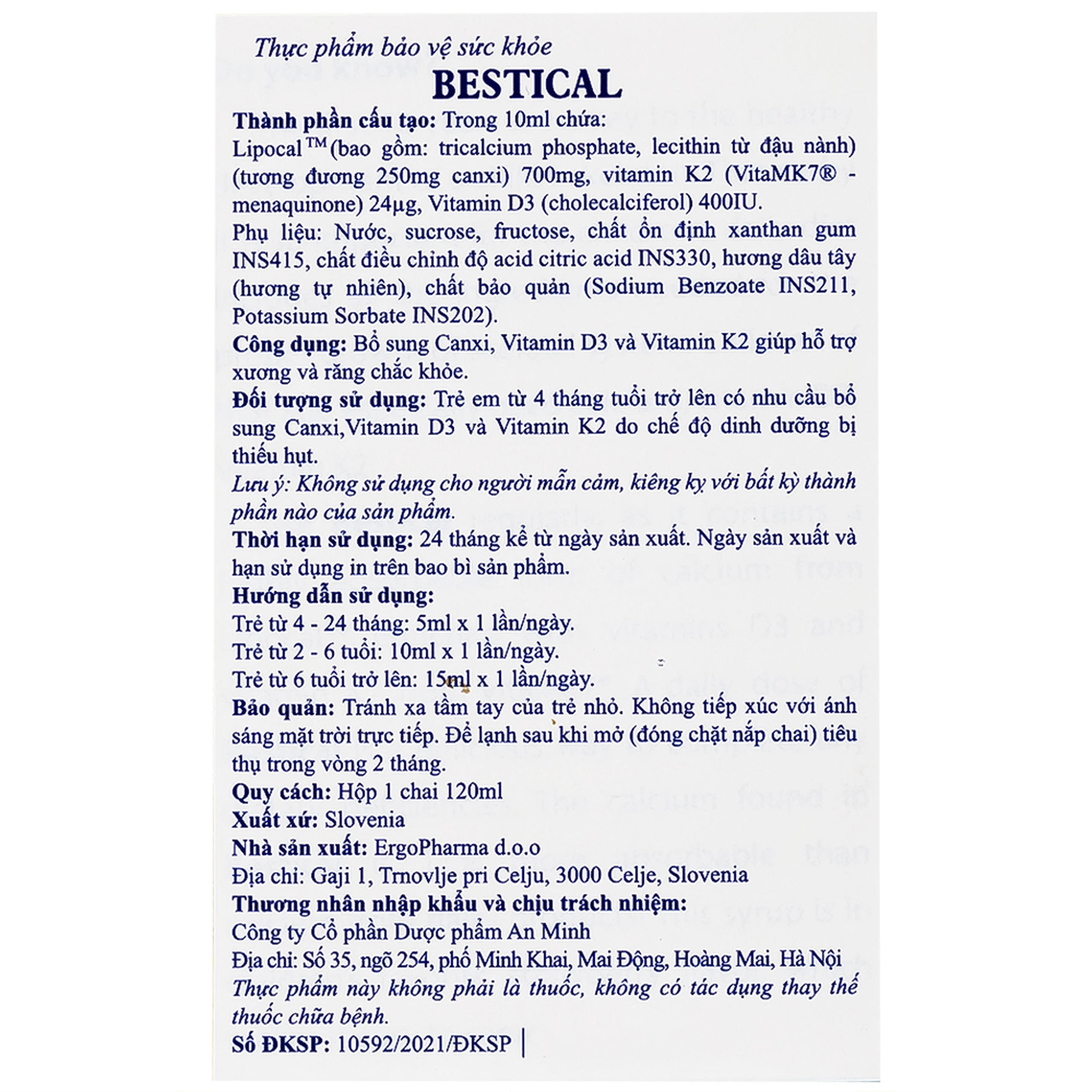 Siro giúp hỗ trợ xương và răng chắc khỏe Bestical Ergopharma (120ml)