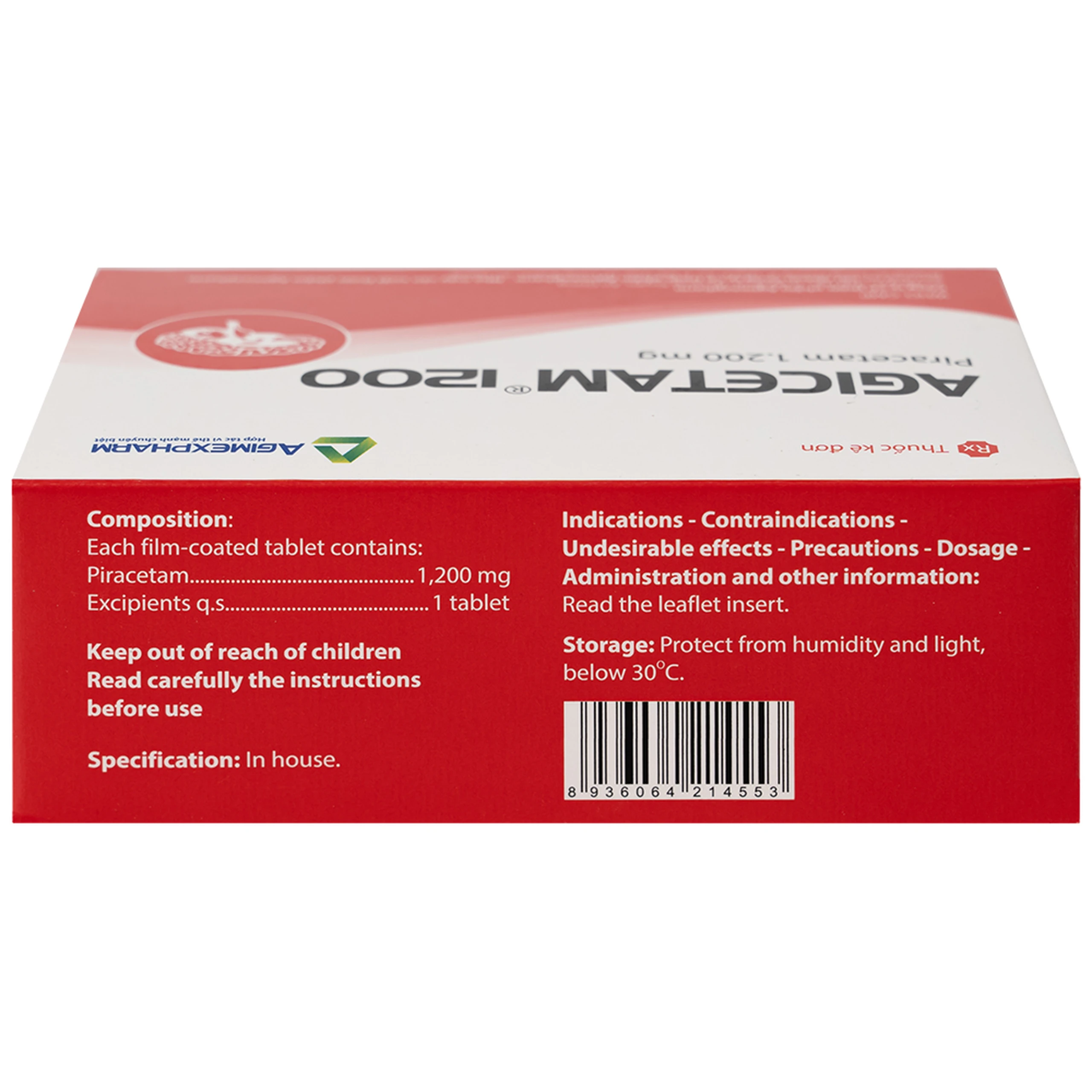 Thuốc Agicetam 1200 Agimexpharm điều trị chóng mặt, suy giảm trí nhớ, đột quỵ do thiếu máu cục bộ cấp (3 vỉ x 10 viên)