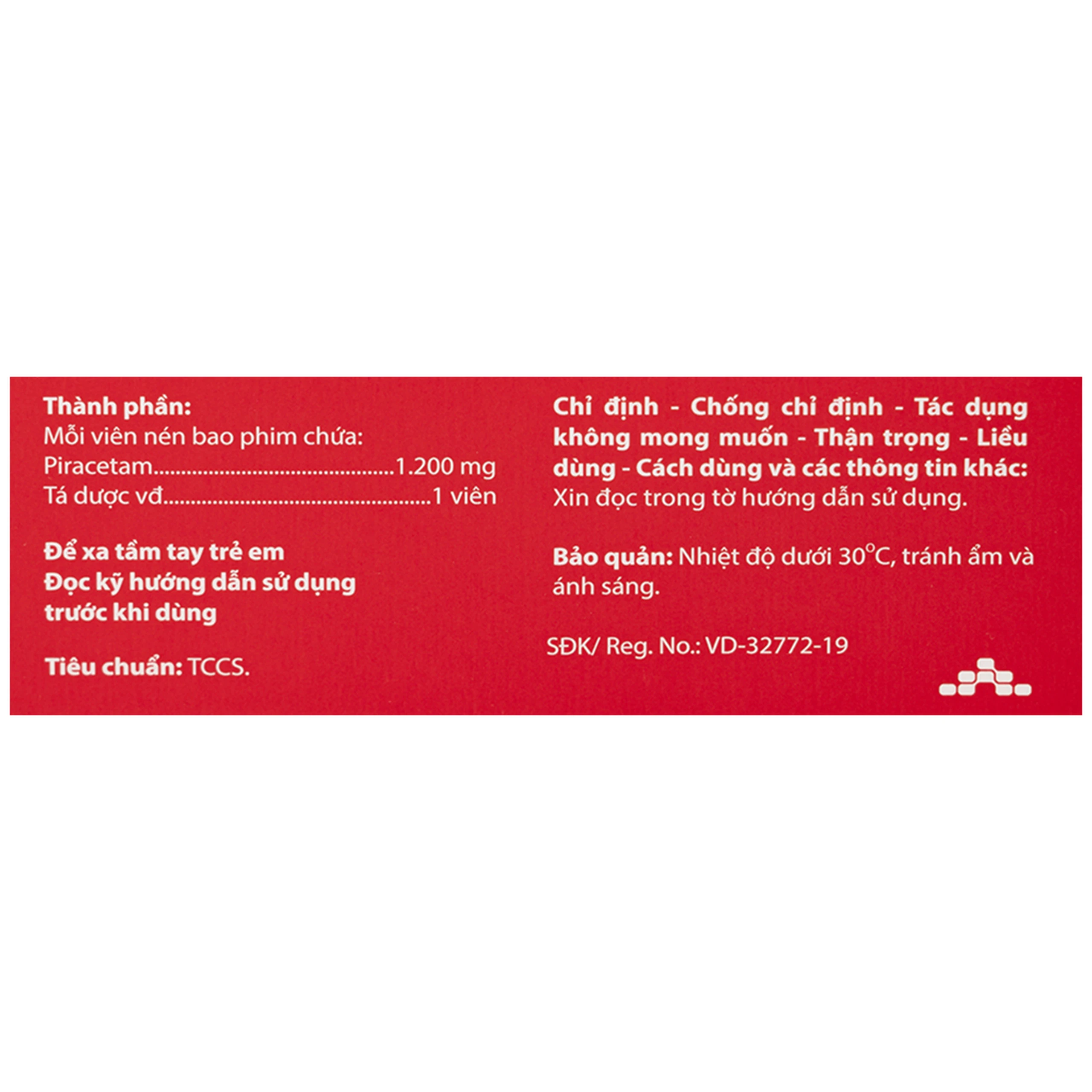 Thuốc Agicetam 1200 Agimexpharm điều trị chóng mặt, suy giảm trí nhớ, đột quỵ do thiếu máu cục bộ cấp (3 vỉ x 10 viên)