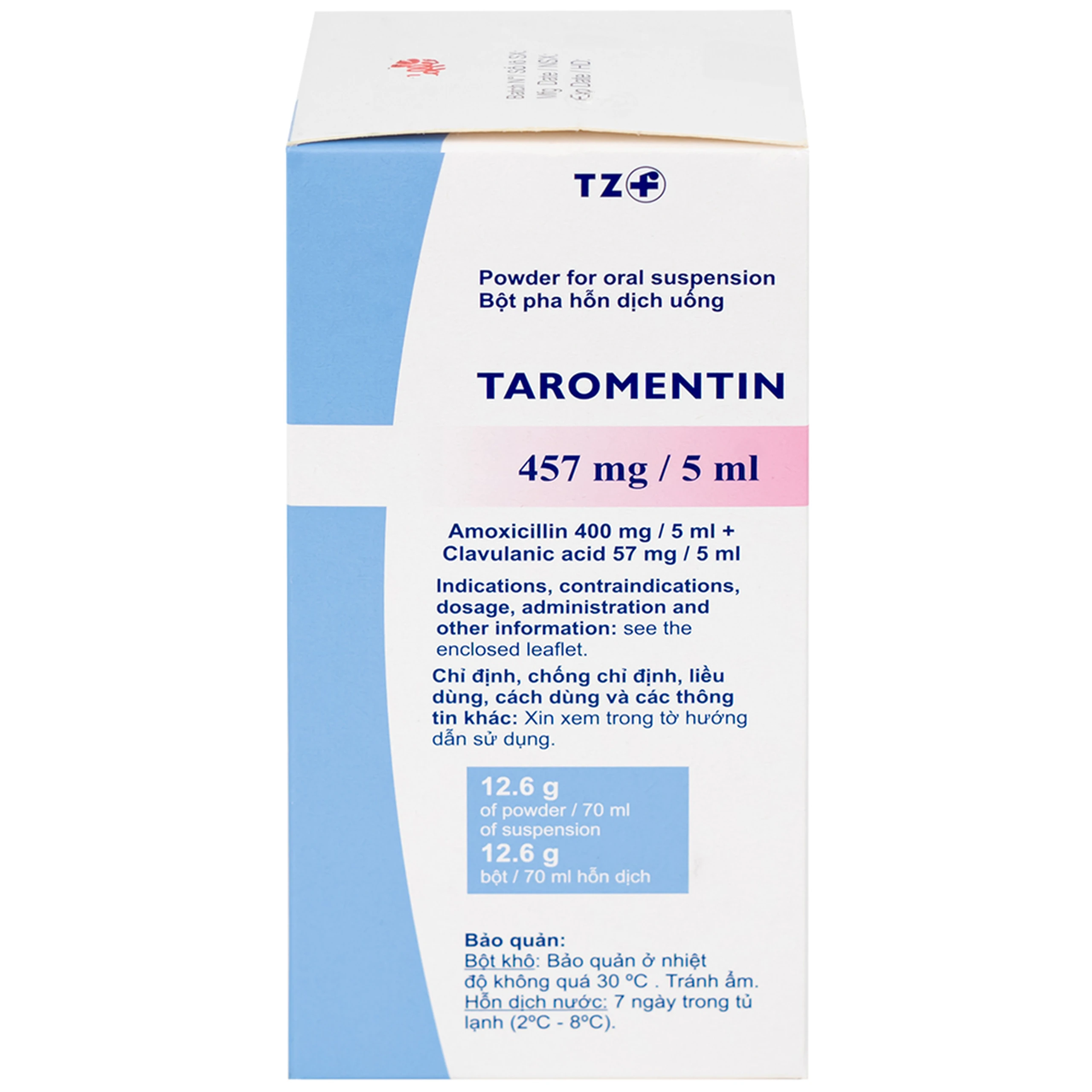 Bột hỗn dịch uống Taromentin 457mg/5ml điều trị nhiễm trùng viêm xoang, tai giữa, đường hô hấp (12.6g)
