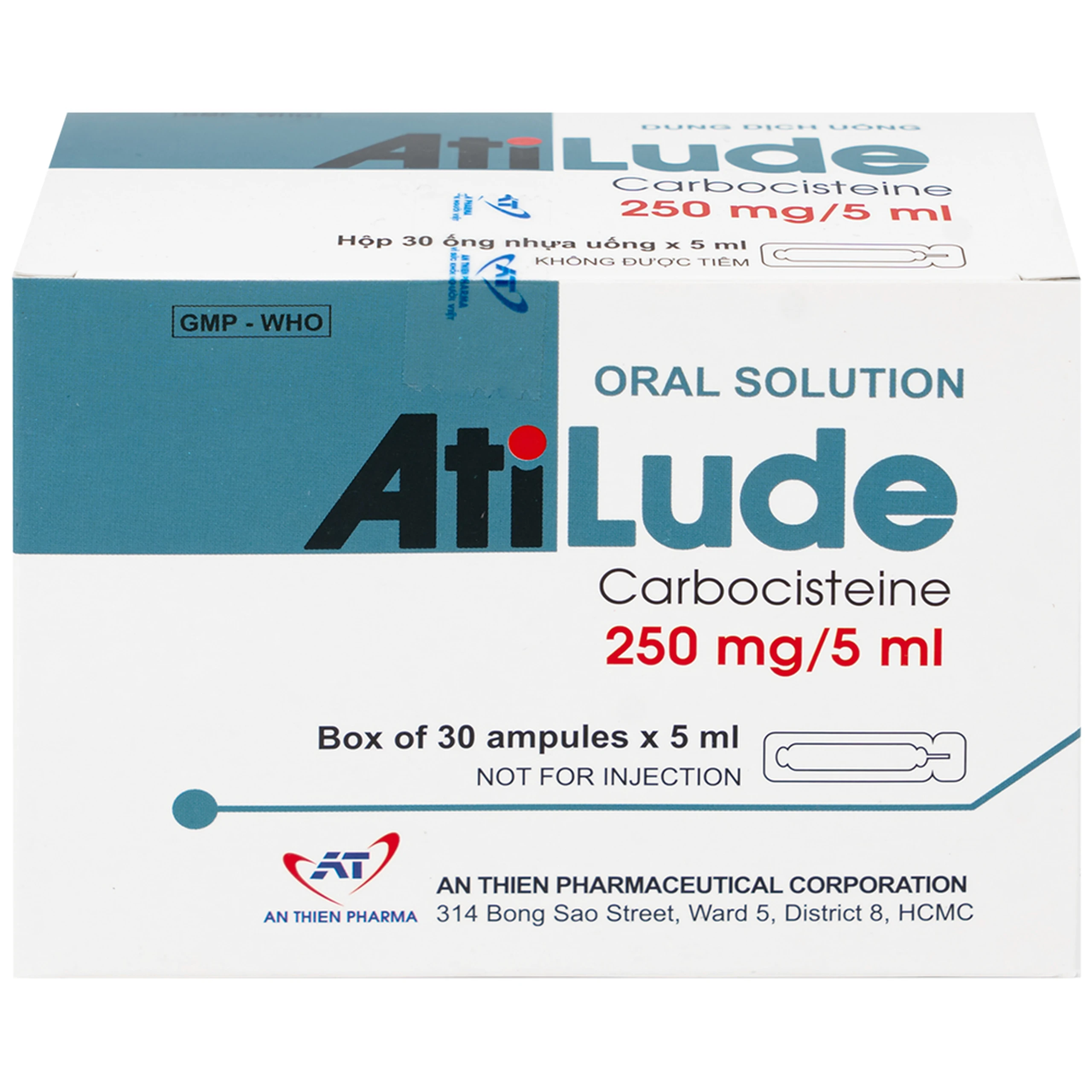 Dung dịch uống AtiLude 250mg/5ml An Thiên tiêu nhầy, rối loạn đường hô hấp (6 vỉ x 5 ống x 5ml)