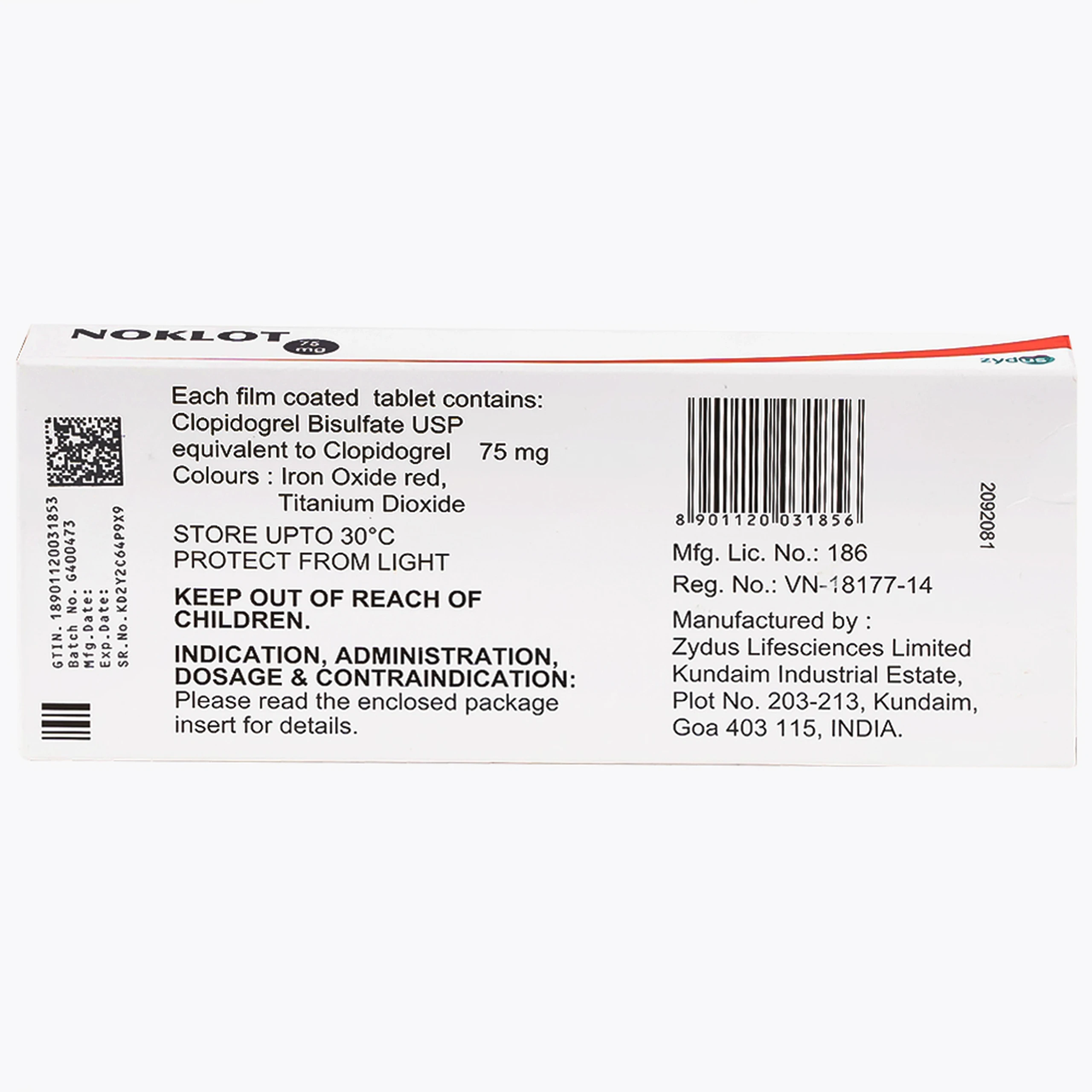 Thuốc Noklot 75mg Zydus phòng ngừa biến cố xơ vữa động mạch (3 vỉ x 10 viên)