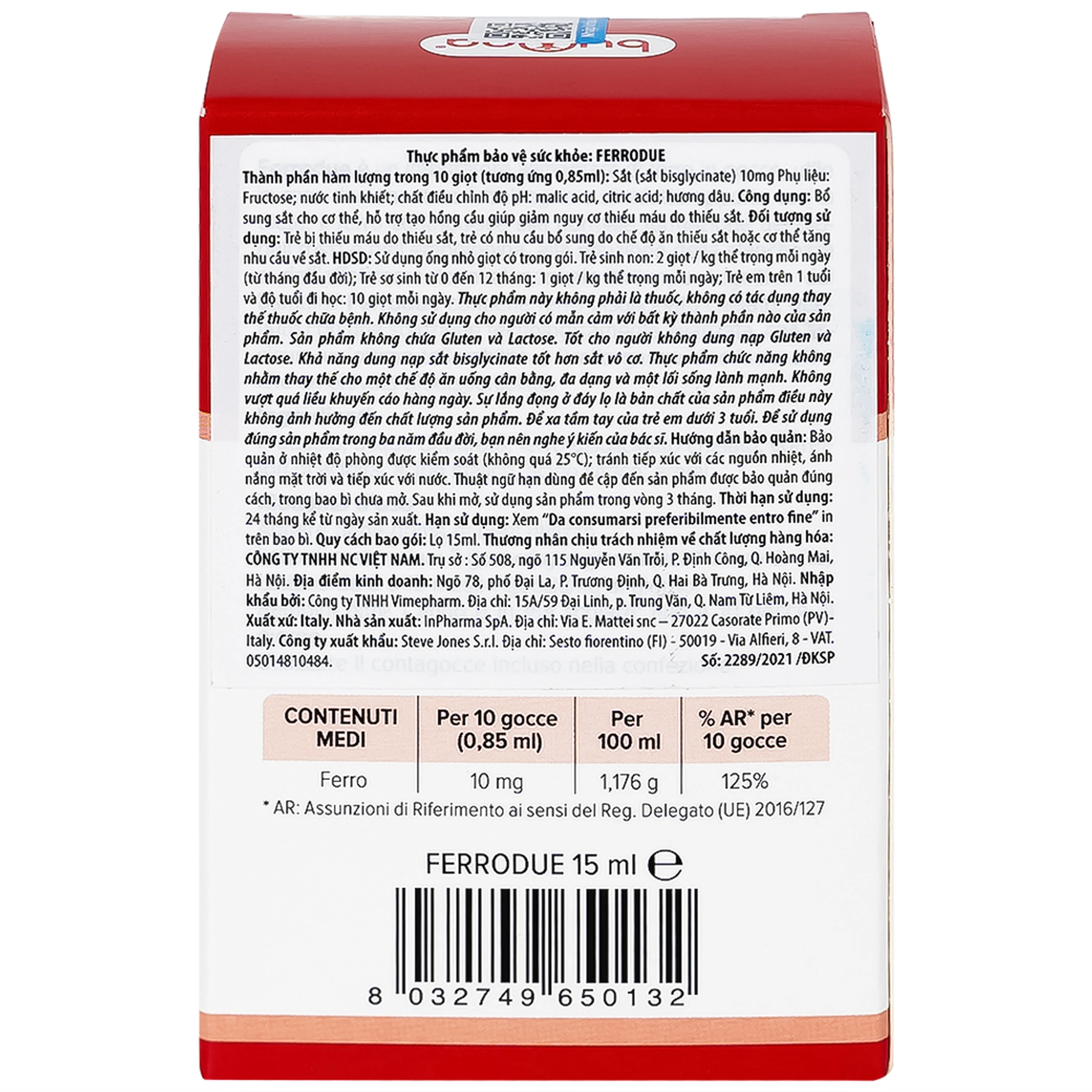 Dung dịch giúp giảm nguy cơ thiếu máu do thiếu sắt Buona Ferrodue (15ml)