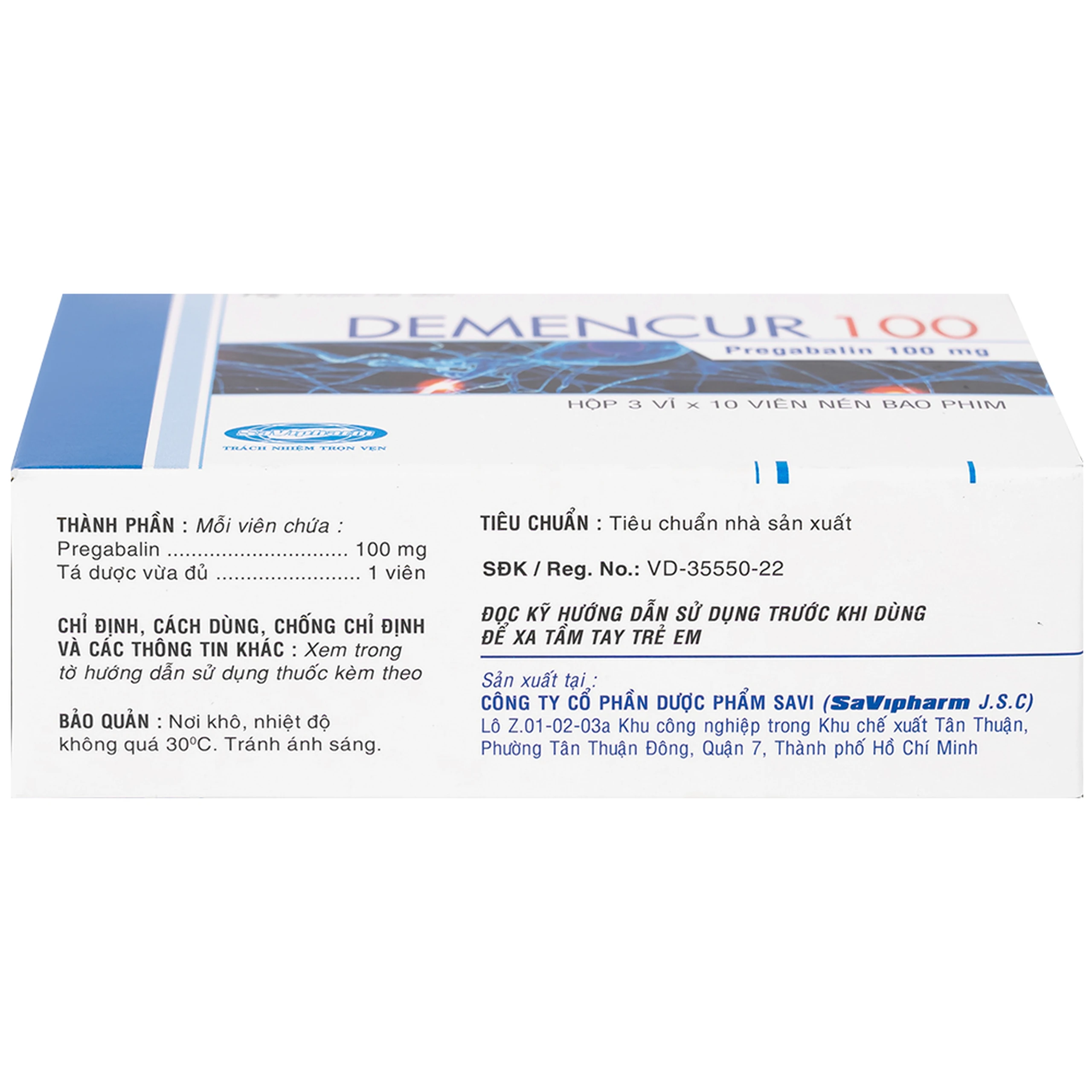 Thuốc Demencur 100 DaviPharm điều trị đau thần kinh trung ương và ngoại vi (3 vỉ x 10 viên)