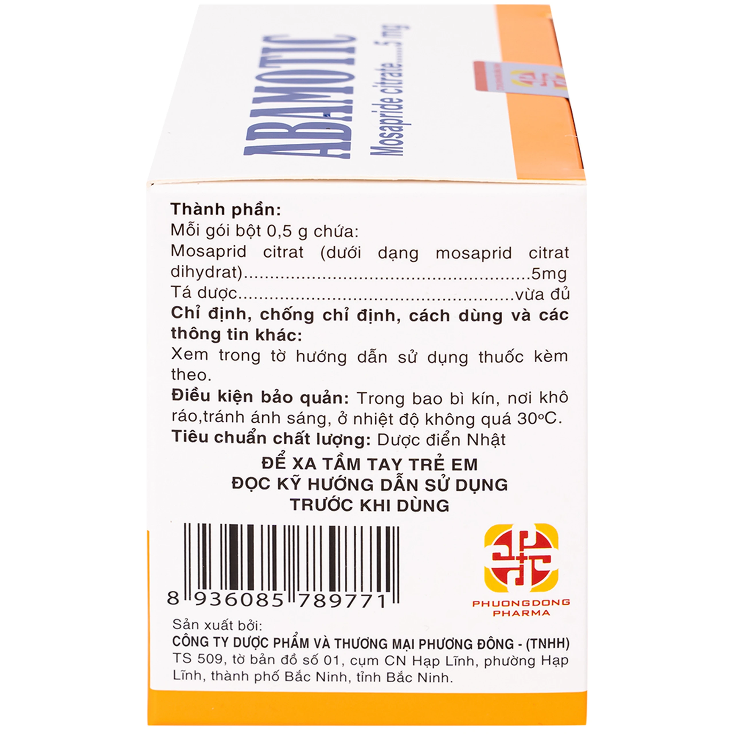 Bột pha uống Abamotic 5mg Phương Đông điều trị các triệu chứng tiêu hóa, viêm dạ dày (30 gói x 0,5g)