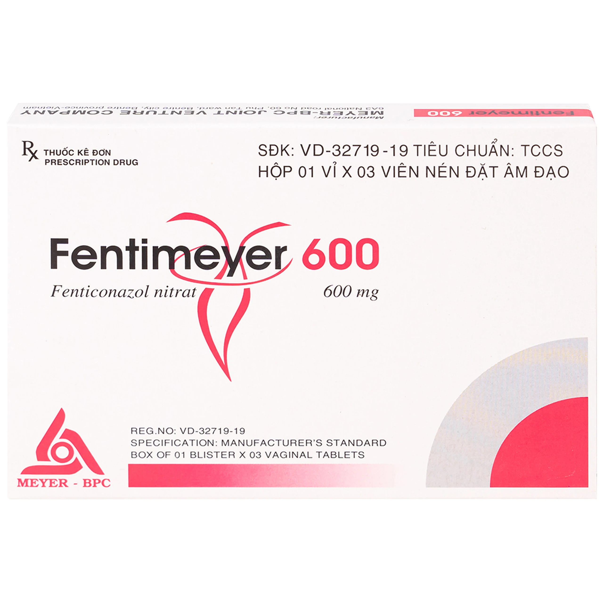 Viên đặt âm đạo Fentimeyer 600 Meyer-BPC điều trị bệnh nấm Candida sinh dục (1 vỉ x 3 viên)