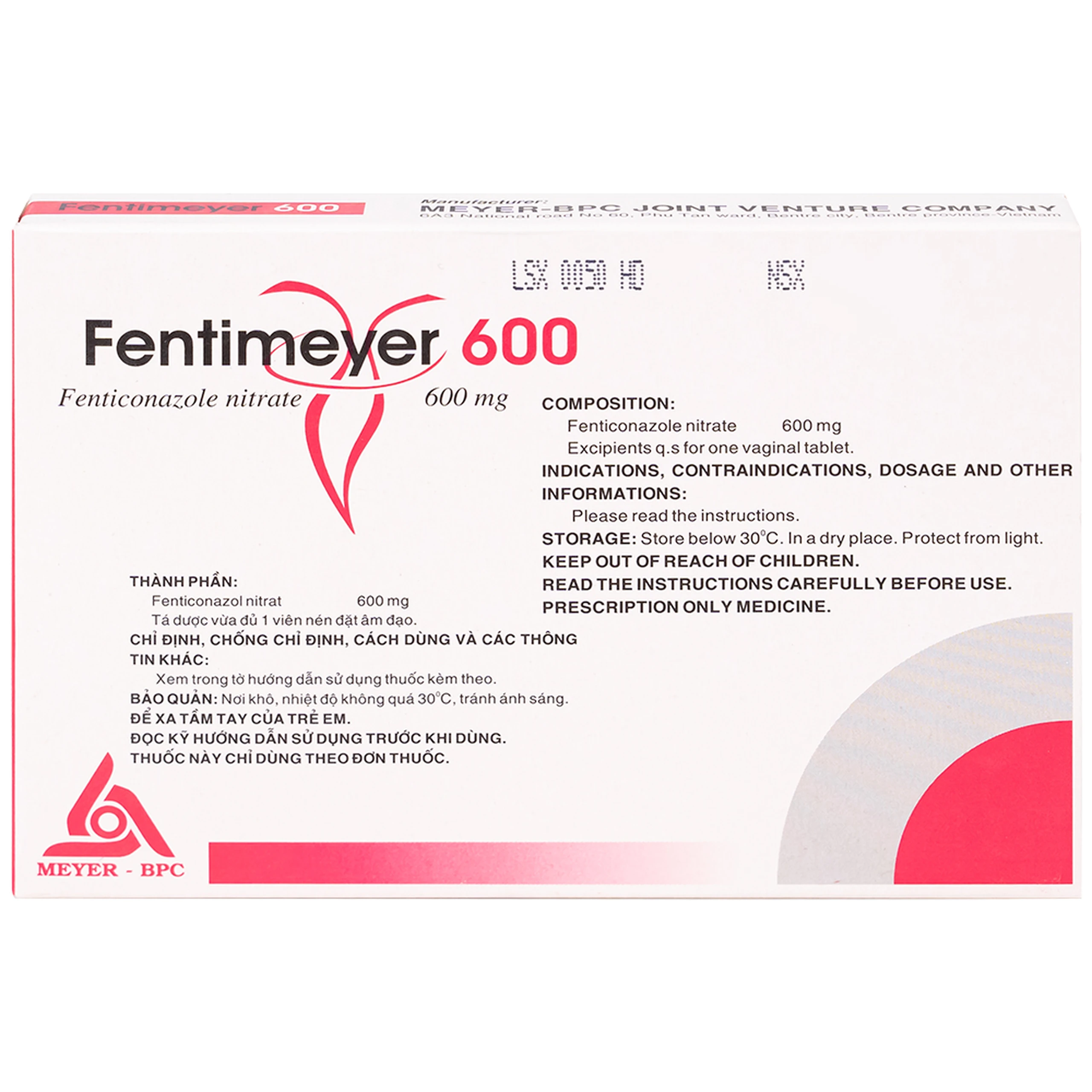 Viên đặt âm đạo Fentimeyer 600 Meyer-BPC điều trị bệnh nấm Candida sinh dục (1 vỉ x 3 viên)