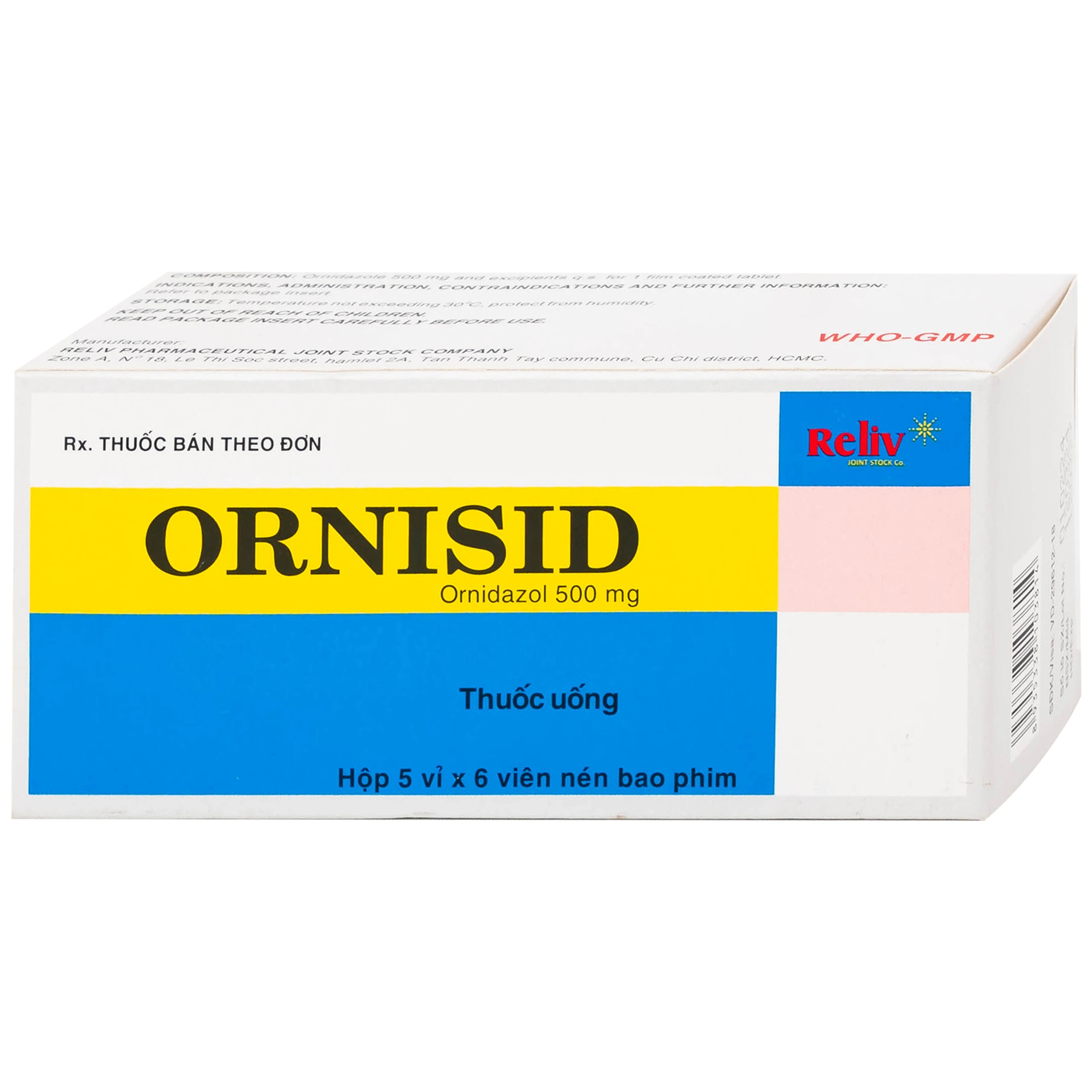 Thuốc Ornisid 500mg Reliv điều trị nhiễm amip ở ruột và gan (5 vỉ x 6 viên)