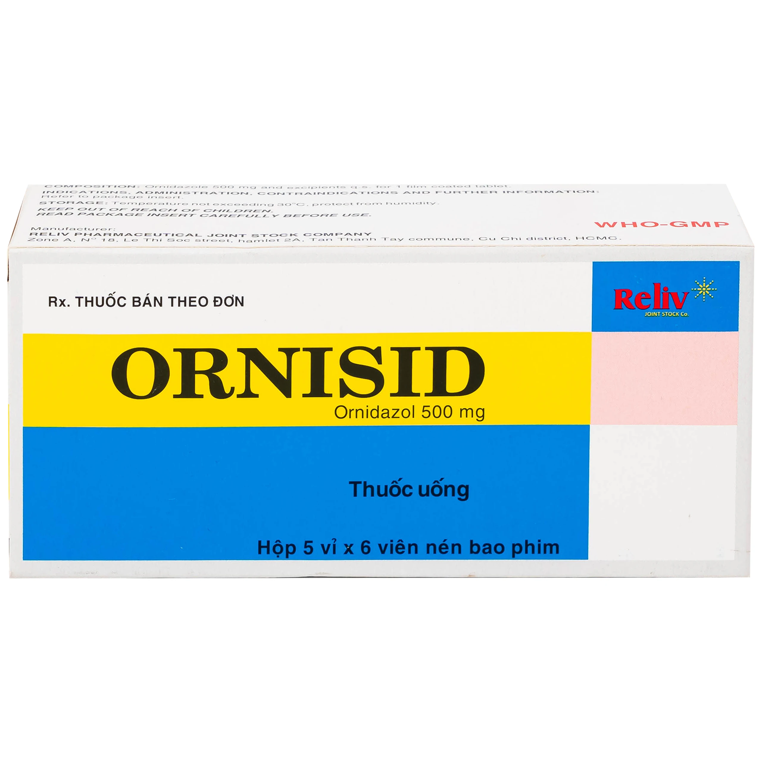 Thuốc Ornisid 500mg Reliv điều trị nhiễm amip ở ruột và gan (5 vỉ x 6 viên)