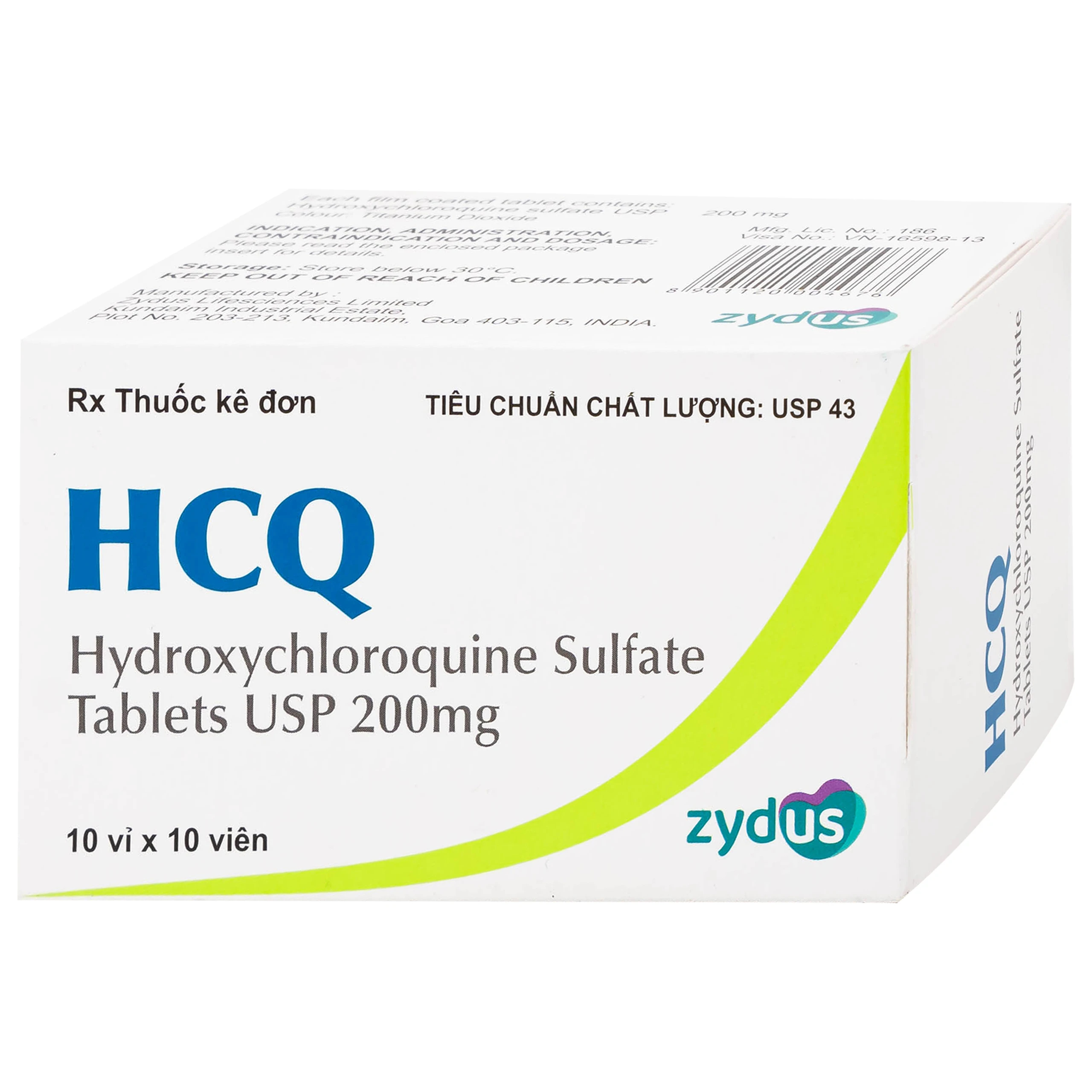 Thuốc HCQ 200mg Zydus phòng ngừa hoặc điều trị sốt rét cấp tính (10 vỉ x 10 viên)