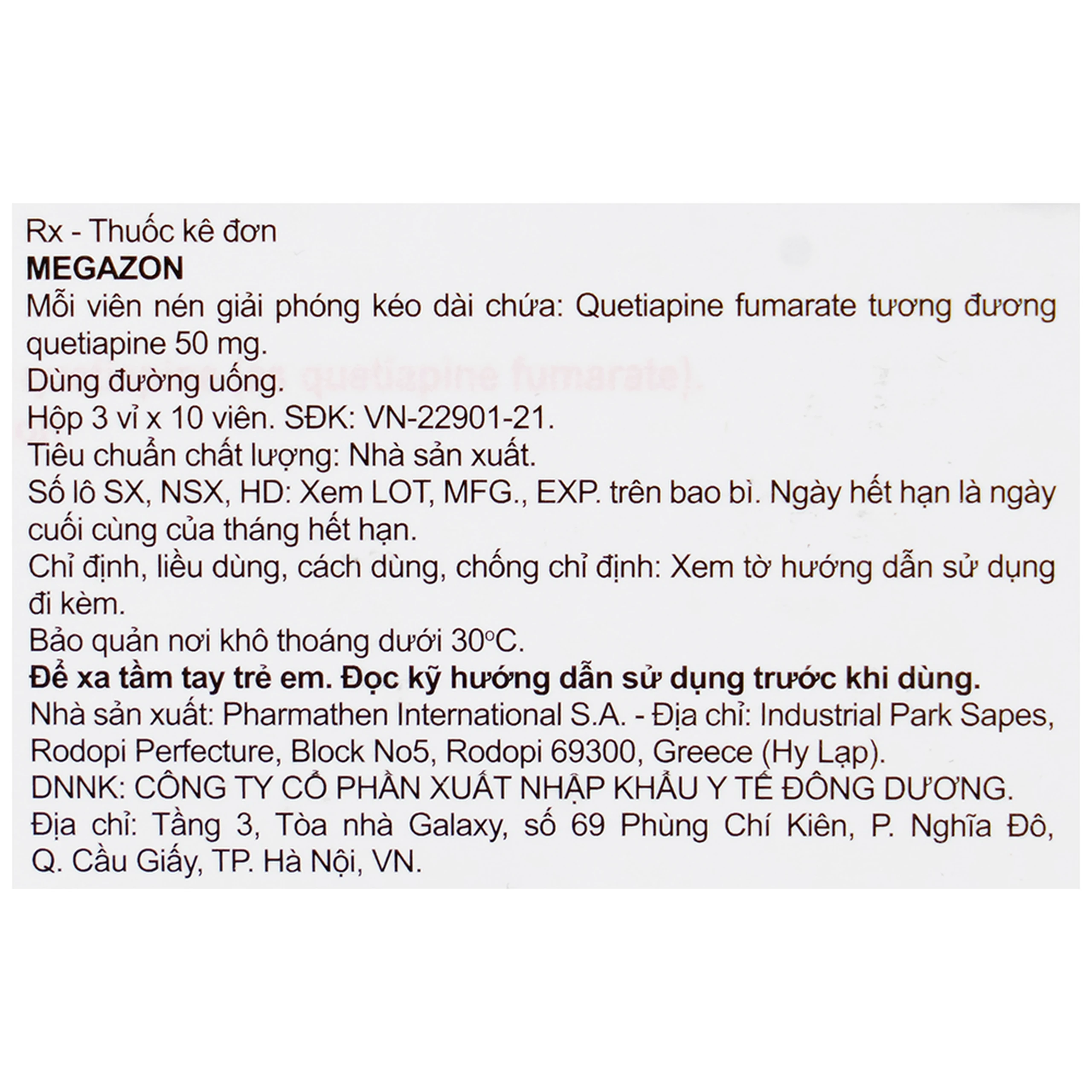 Thuốc Megazon 50mg prolonged-release tablets Pharmathen điều trị tâm thần phân liệt (3 vỉ x 10 viên)