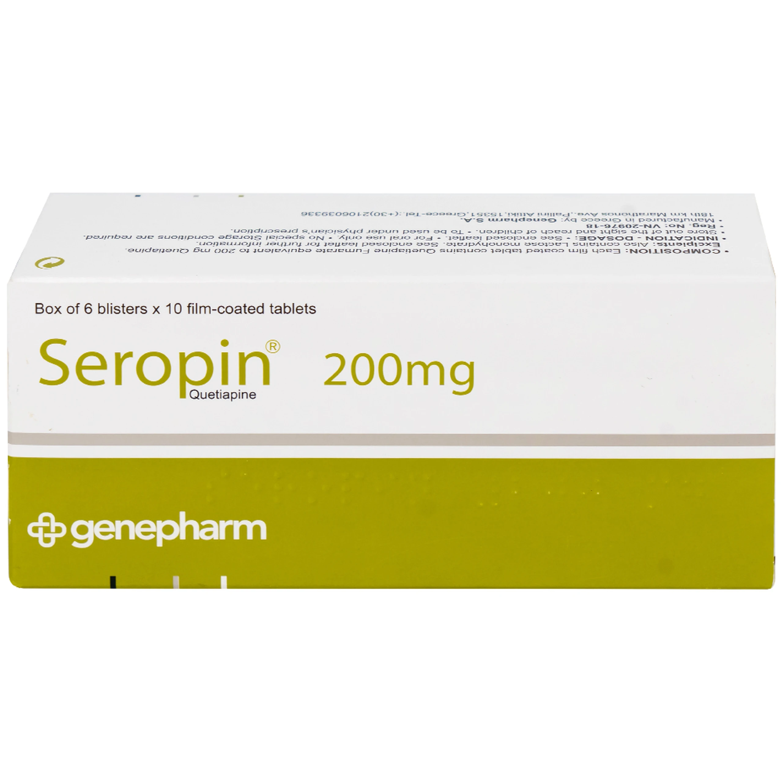 Thuốc Seropin 200mg Genepharm điều trị tâm thần phân liệt, hưng cảm lưỡng cực, trầm cảm lưỡng cực (6 vỉ x 10 viên)
