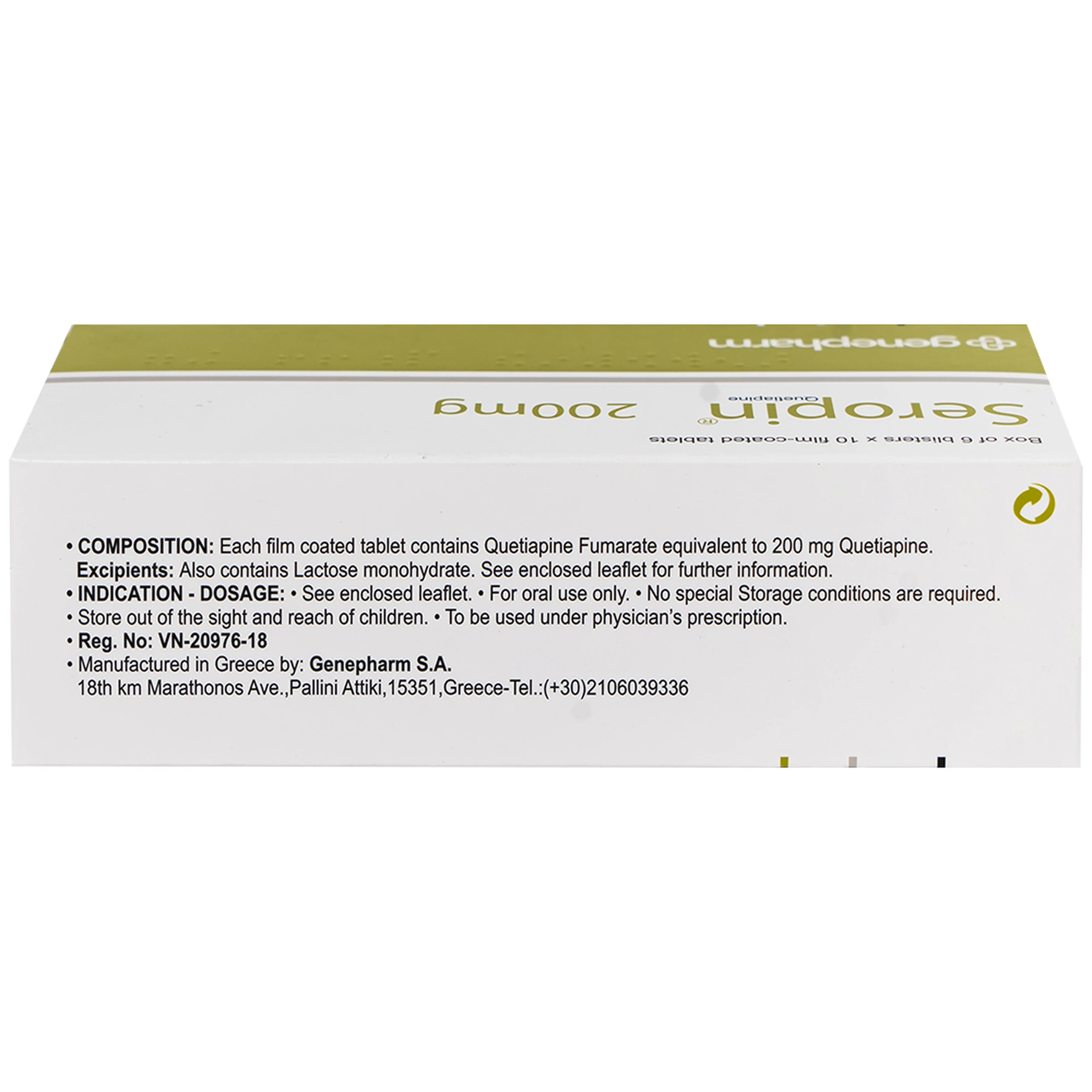 Thuốc Seropin 200mg Genepharm điều trị tâm thần phân liệt, hưng cảm lưỡng cực, trầm cảm lưỡng cực (6 vỉ x 10 viên)