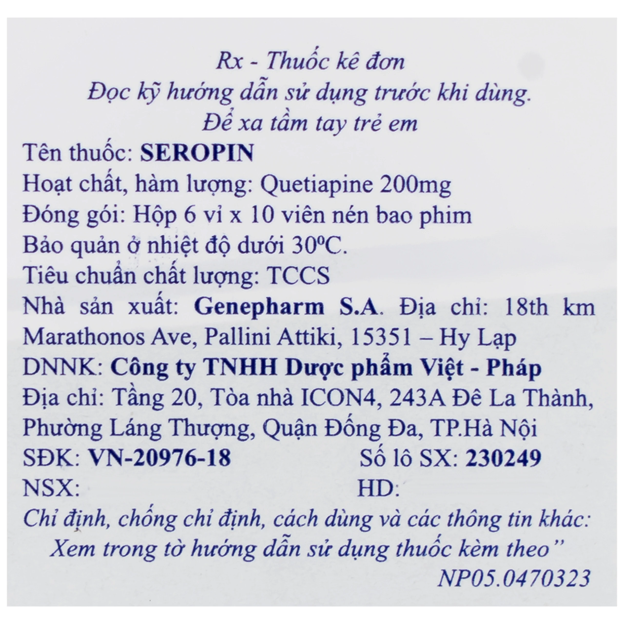 Thuốc Seropin 200mg Genepharm điều trị tâm thần phân liệt, hưng cảm lưỡng cực, trầm cảm lưỡng cực (6 vỉ x 10 viên)