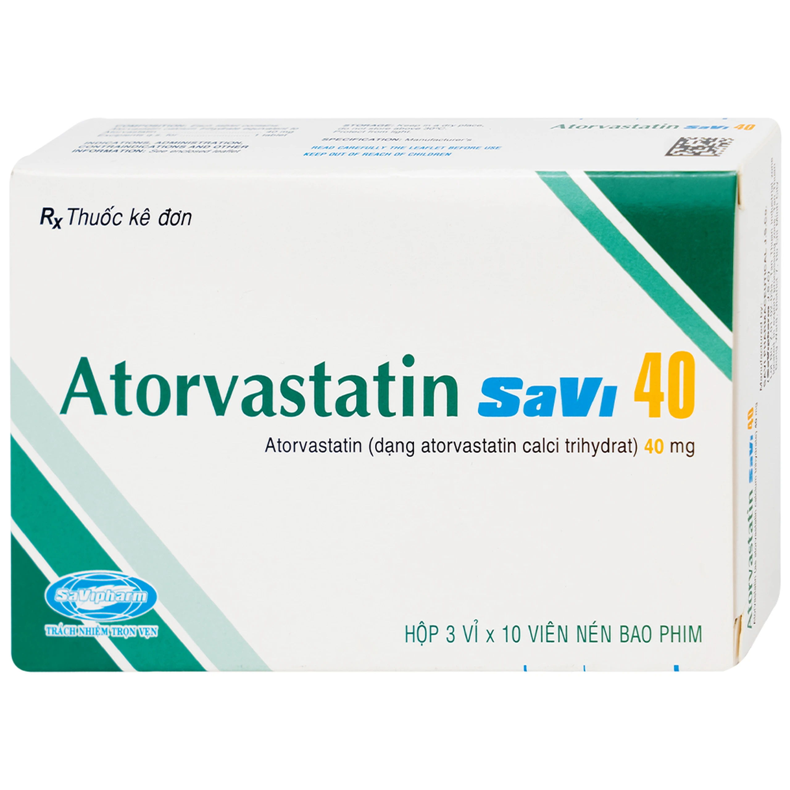 Thuốc Atorvastatin 40mg Savi điều trị rối loạn lipid máu, mỡ máu, cholesterol máu cao (3 vỉ x 10 viên)