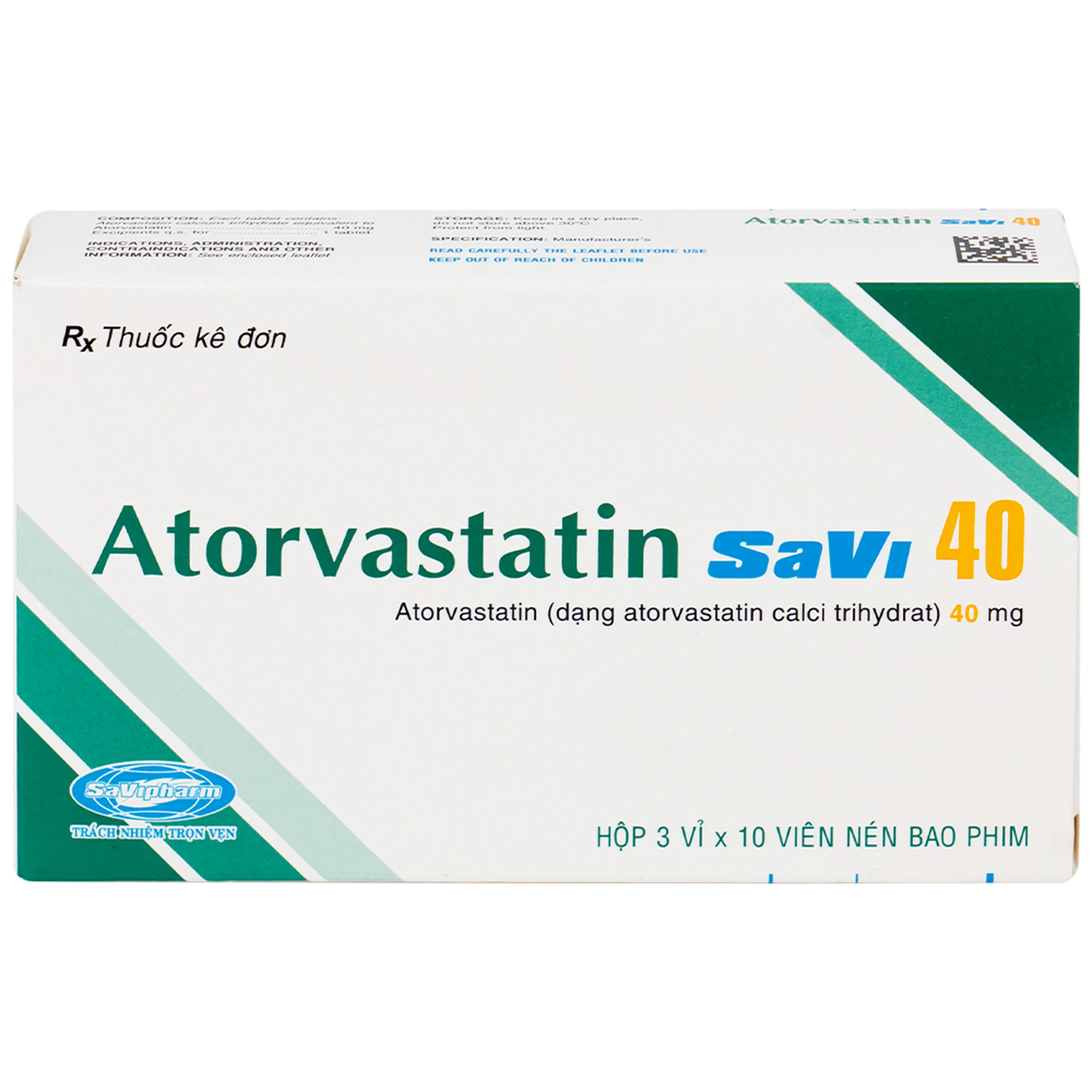 Thuốc Atorvastatin 40mg Savi điều trị rối loạn lipid máu, mỡ máu, cholesterol máu cao (3 vỉ x 10 viên)