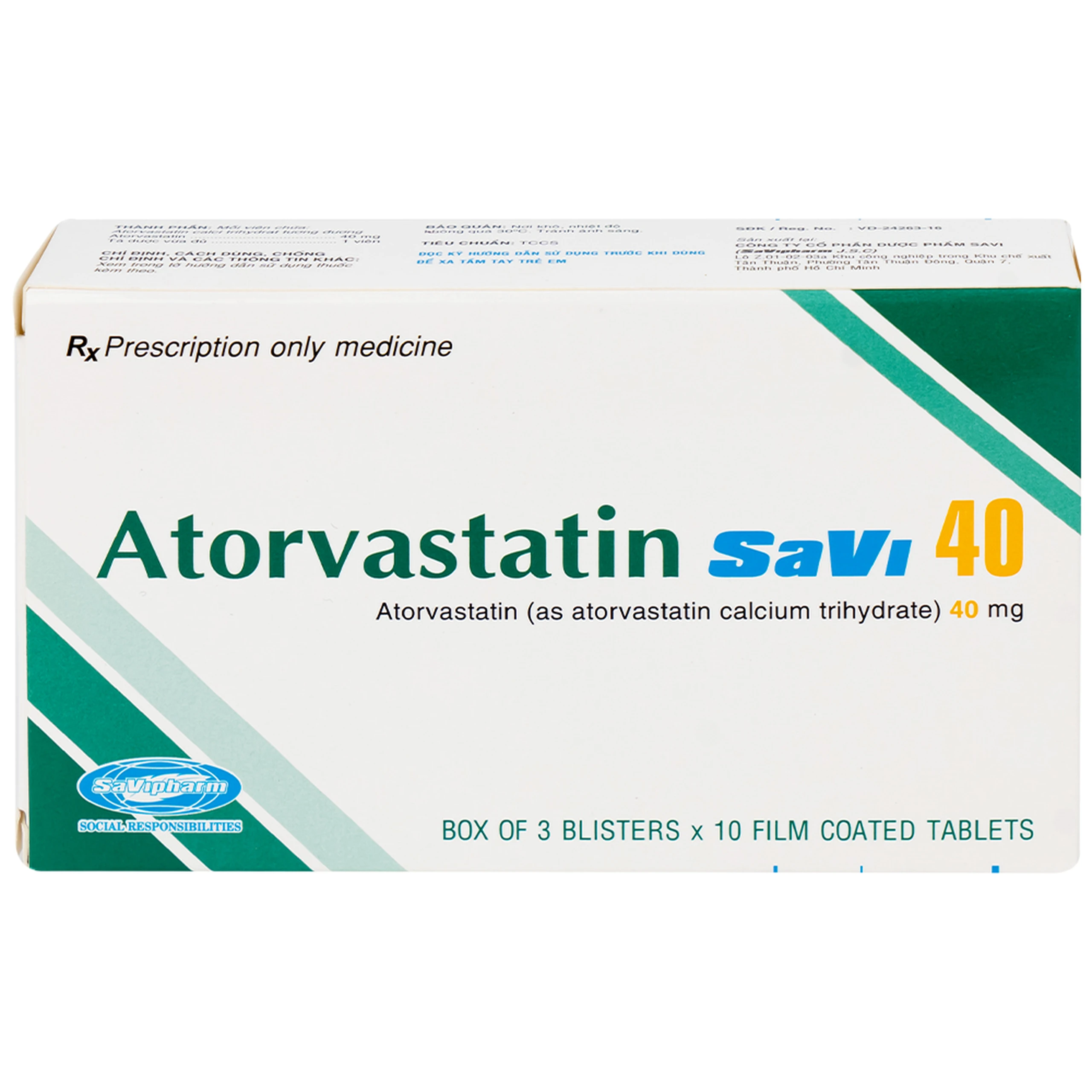 Thuốc Atorvastatin 40mg Savi điều trị rối loạn lipid máu, mỡ máu, cholesterol máu cao (3 vỉ x 10 viên)