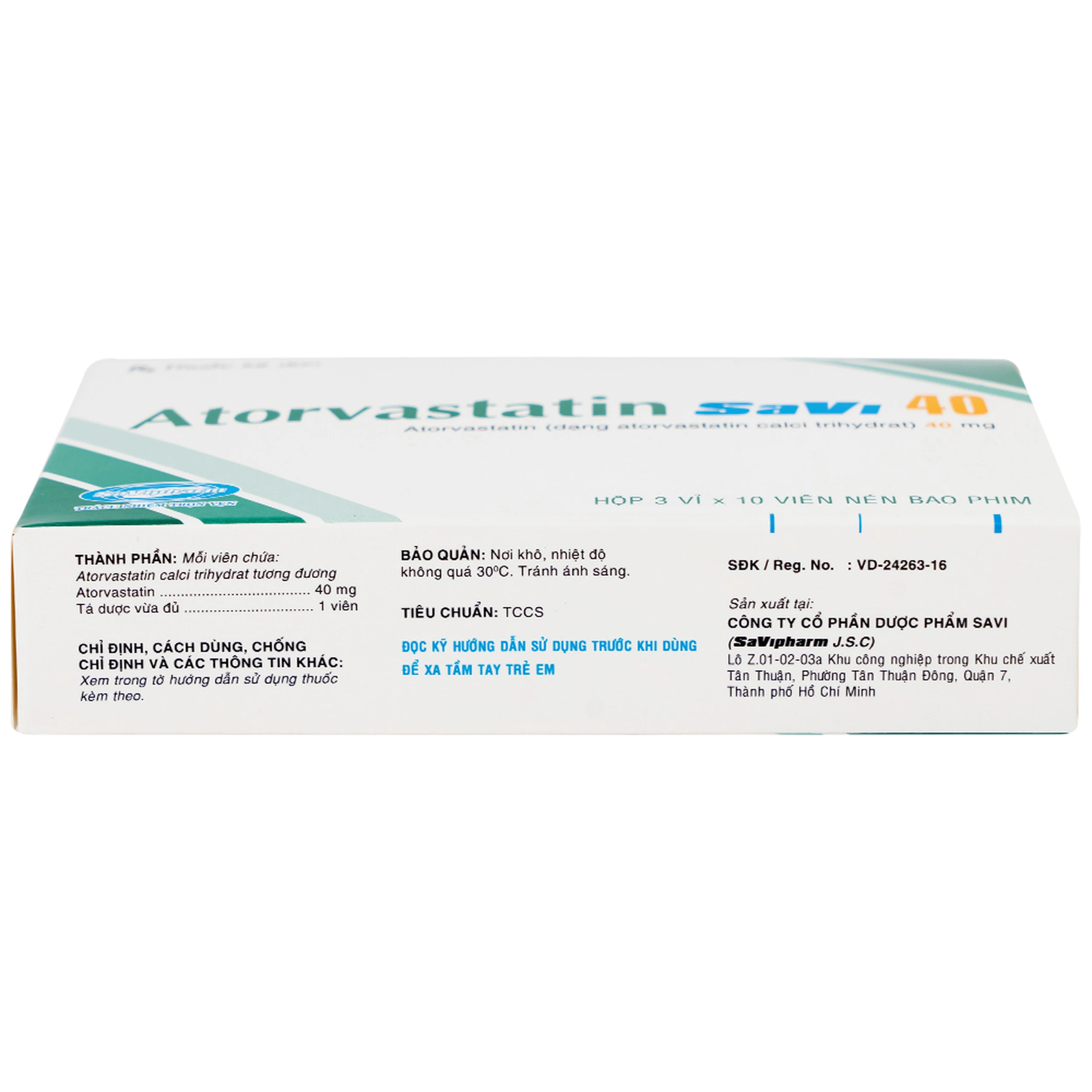 Thuốc Atorvastatin 40mg Savi điều trị rối loạn lipid máu, mỡ máu, cholesterol máu cao (3 vỉ x 10 viên)