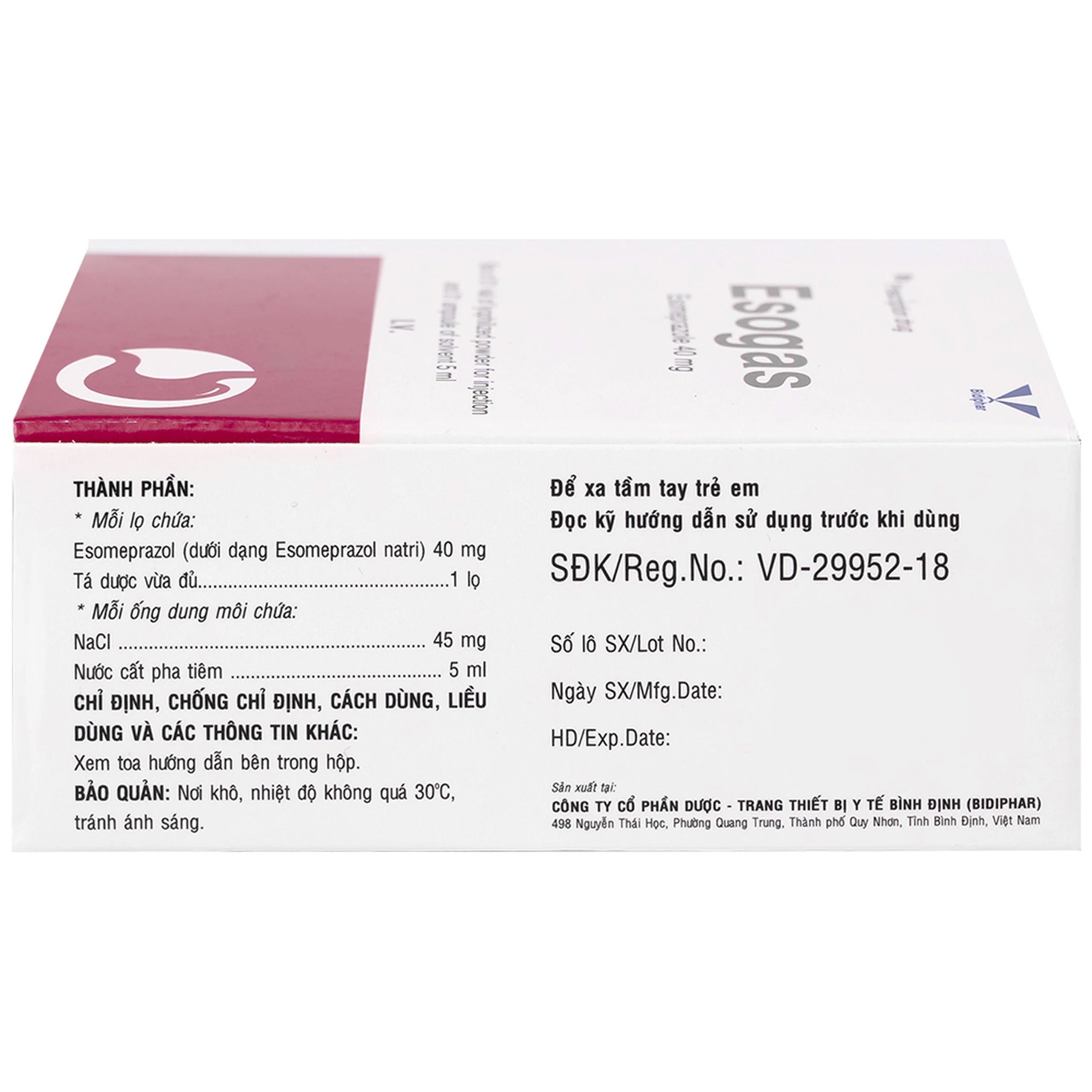 Thuốc Esogas 40mg Bidiphar điều trị kháng tiết acid dạ dày (1 lọ + 1 ống 5ml)