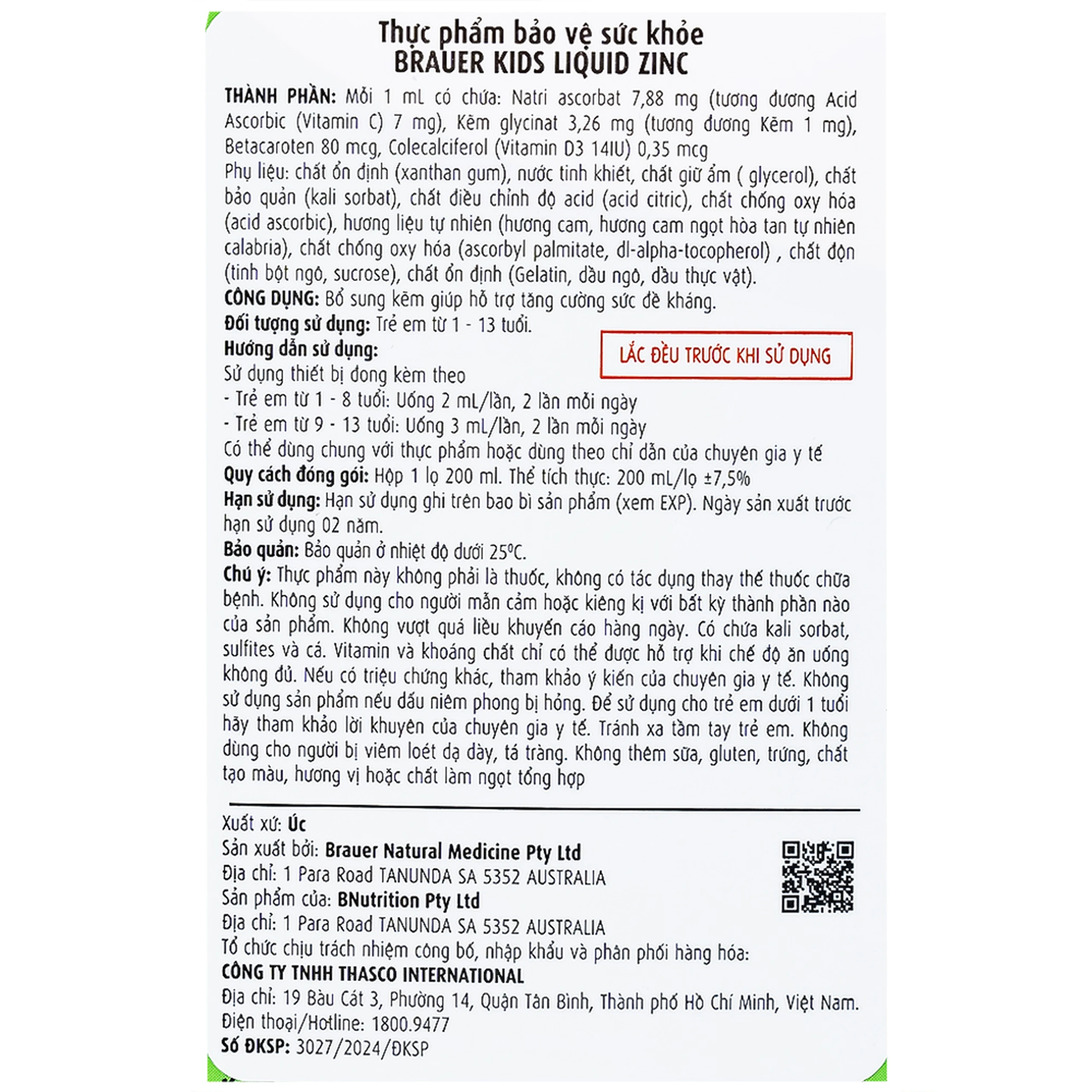 Siro bổ sung kẽm tăng sức đề kháng cho trẻBrauer Baby & Kids Liquid Zinc (200ml)