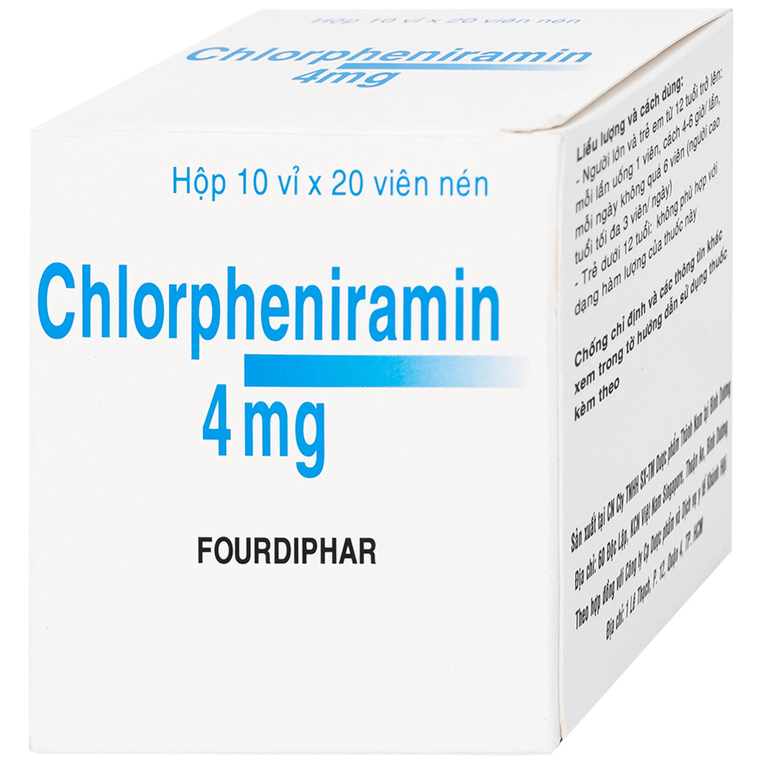 Thuốc Chlorpheniramin 4mg Fourdiphar điều trị viêm mũi dị ứng, mày đay (10 vỉ x 20 viên)