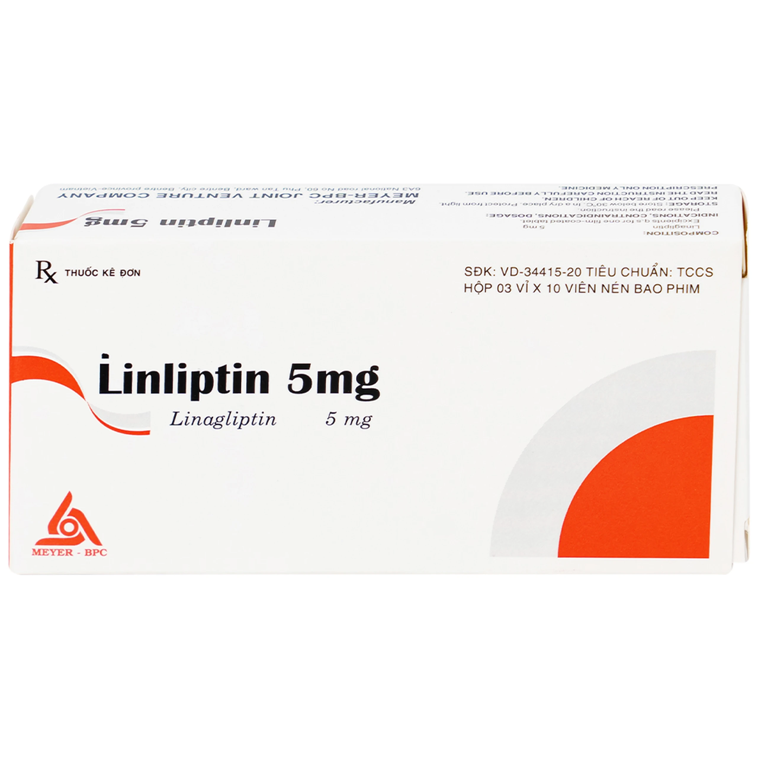 Thuốc Linliptin 5mg Meyer - BPC điều trị đái tháo đường típ 2 (3 vỉ x 10 viên)