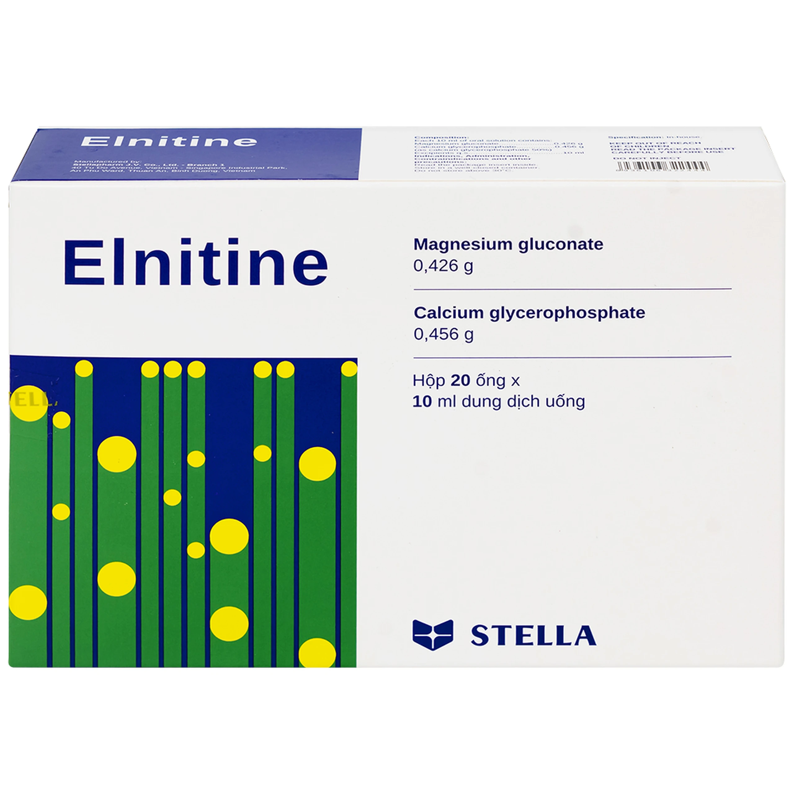 Dung dịch uống Elnitine 10ml Stella bổ sung calcium và magnesium cho người bệnh (20 ống)