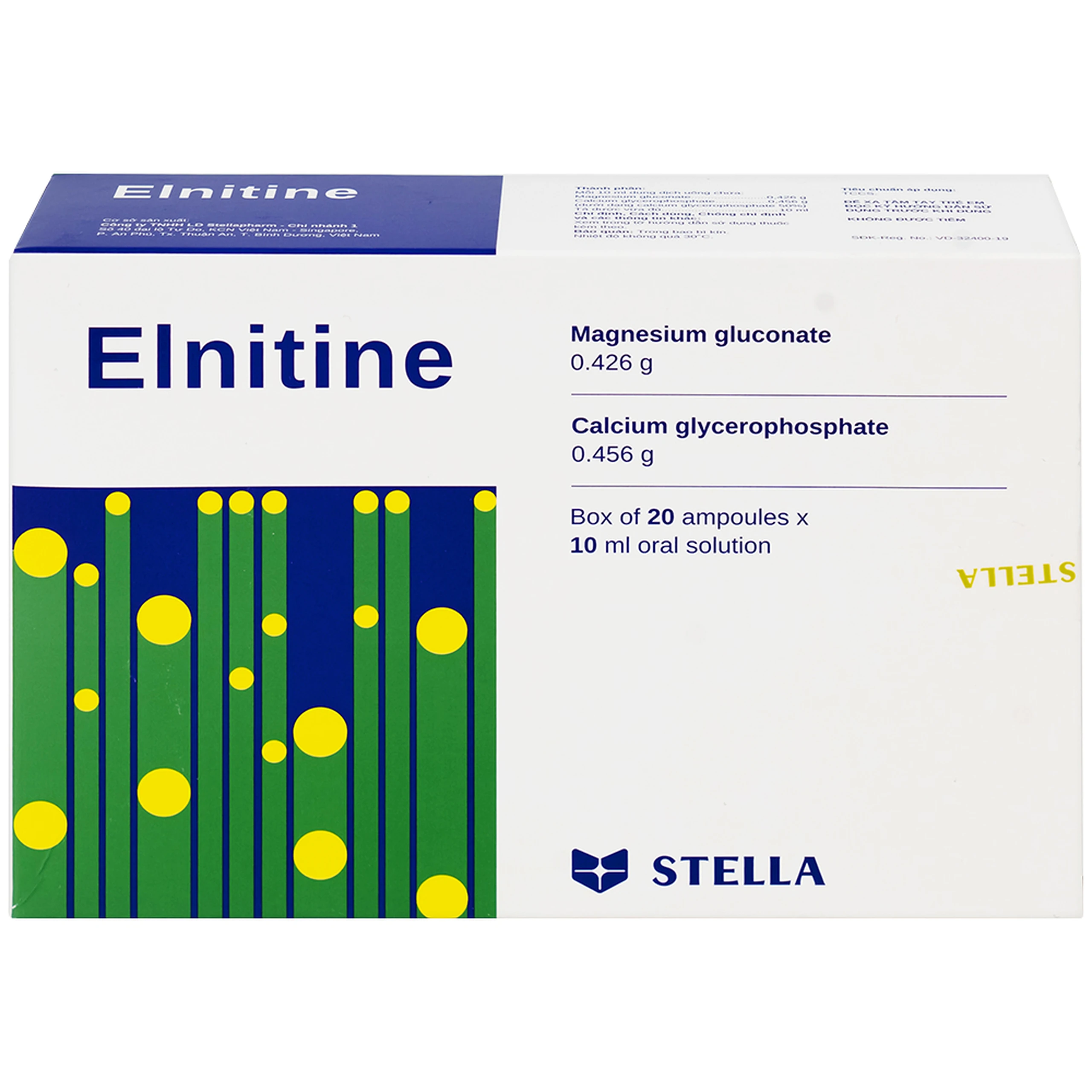 Dung dịch uống Elnitine 10ml Stella bổ sung calcium và magnesium cho người bệnh (20 ống)
