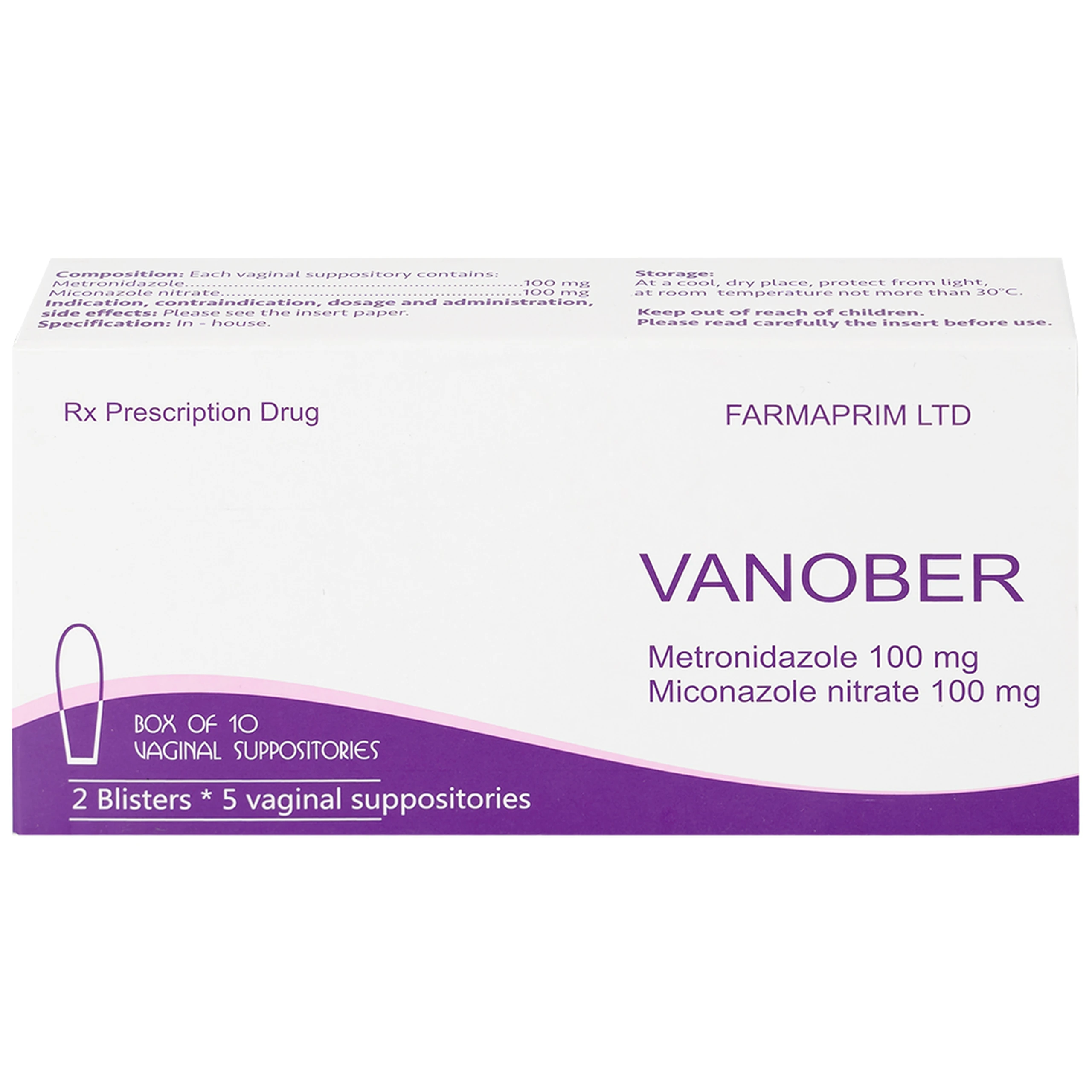 Viên đặt âm đạo Vanober Farmaprim điều trị viêm âm đạo khí hư, ngứa rát (2 vỉ x 5 viên)