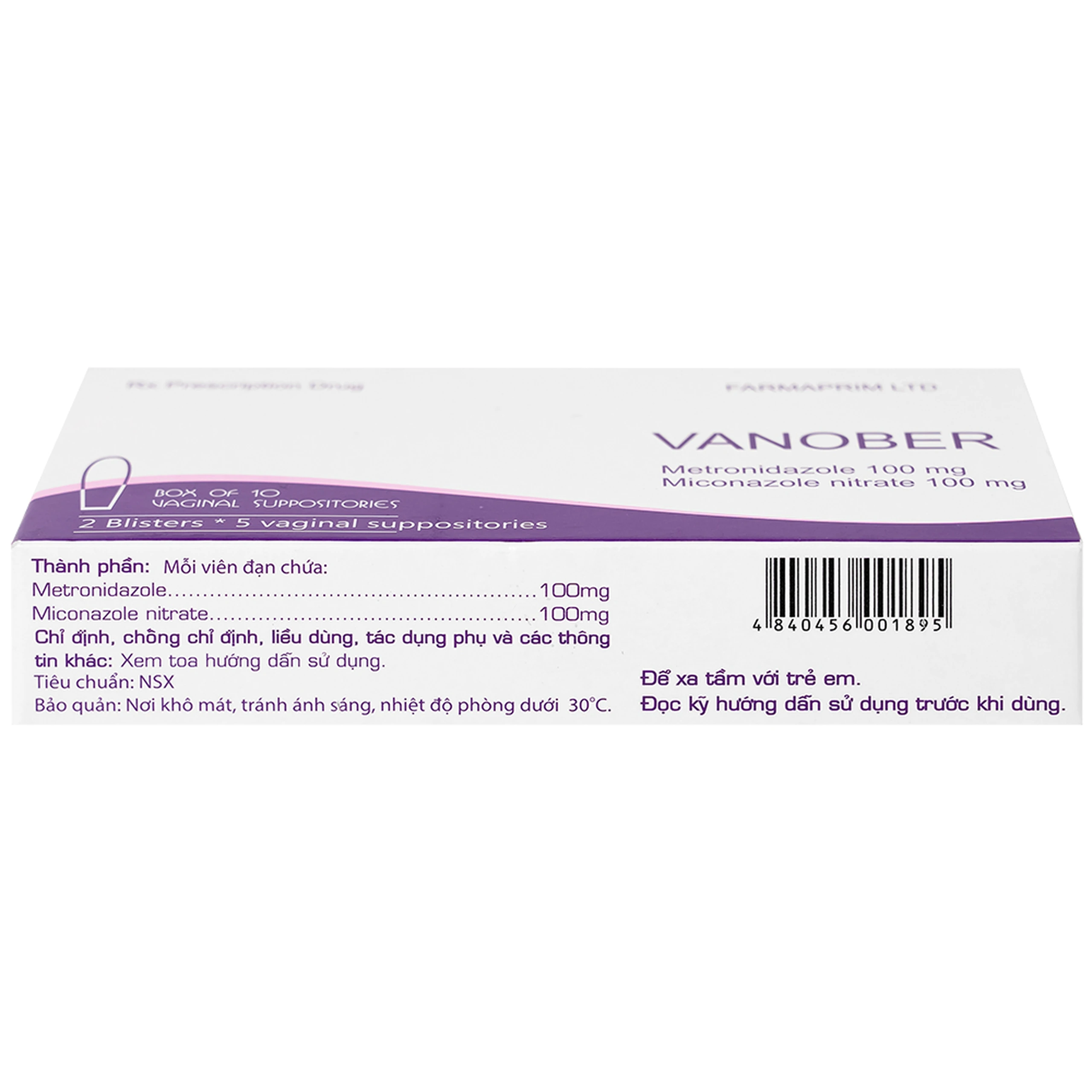 Viên đặt âm đạo Vanober Farmaprim điều trị viêm âm đạo khí hư, ngứa rát (2 vỉ x 5 viên)