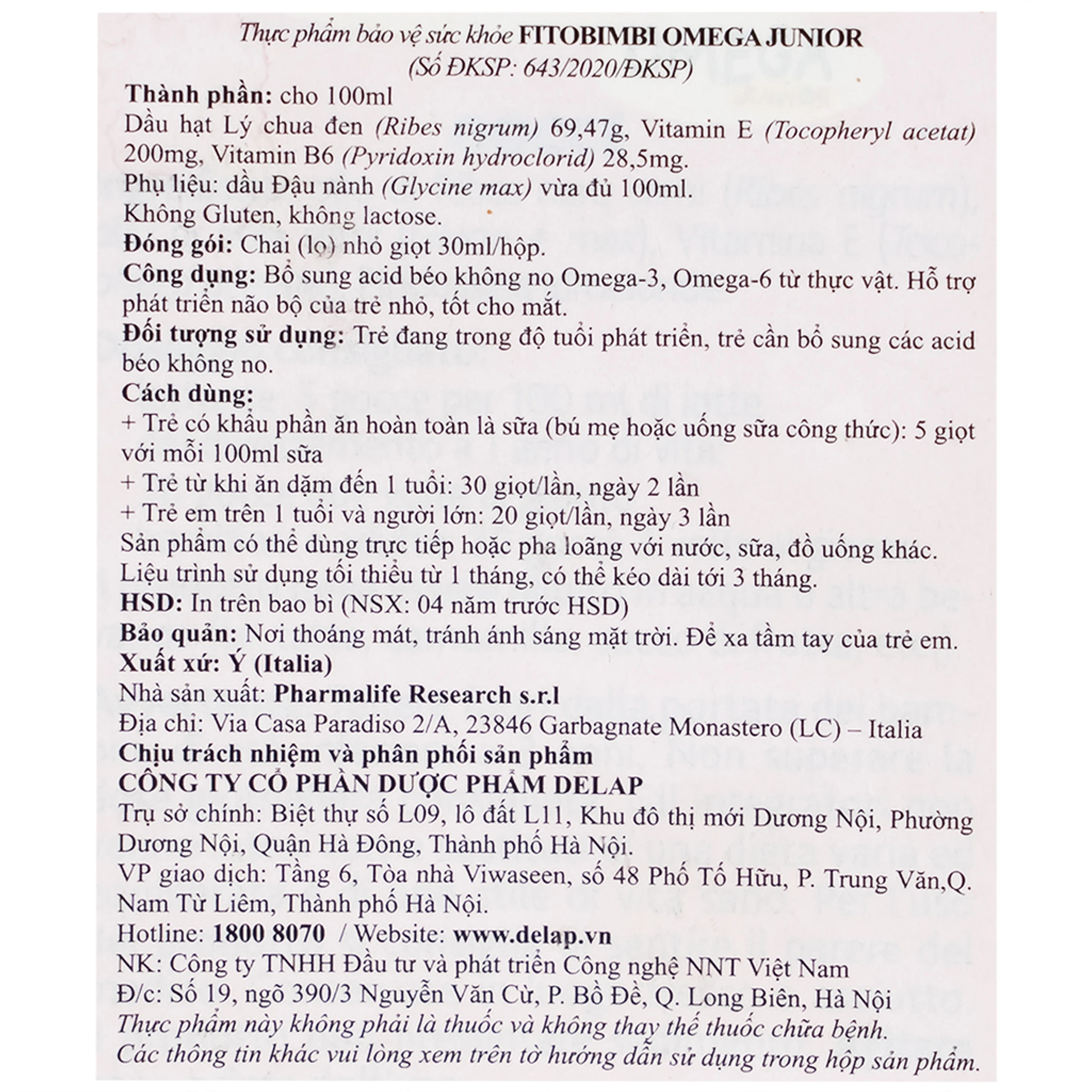 Siro hỗ trợ phát triển não của trẻ Fitobimbi Omega Junior (30ml)