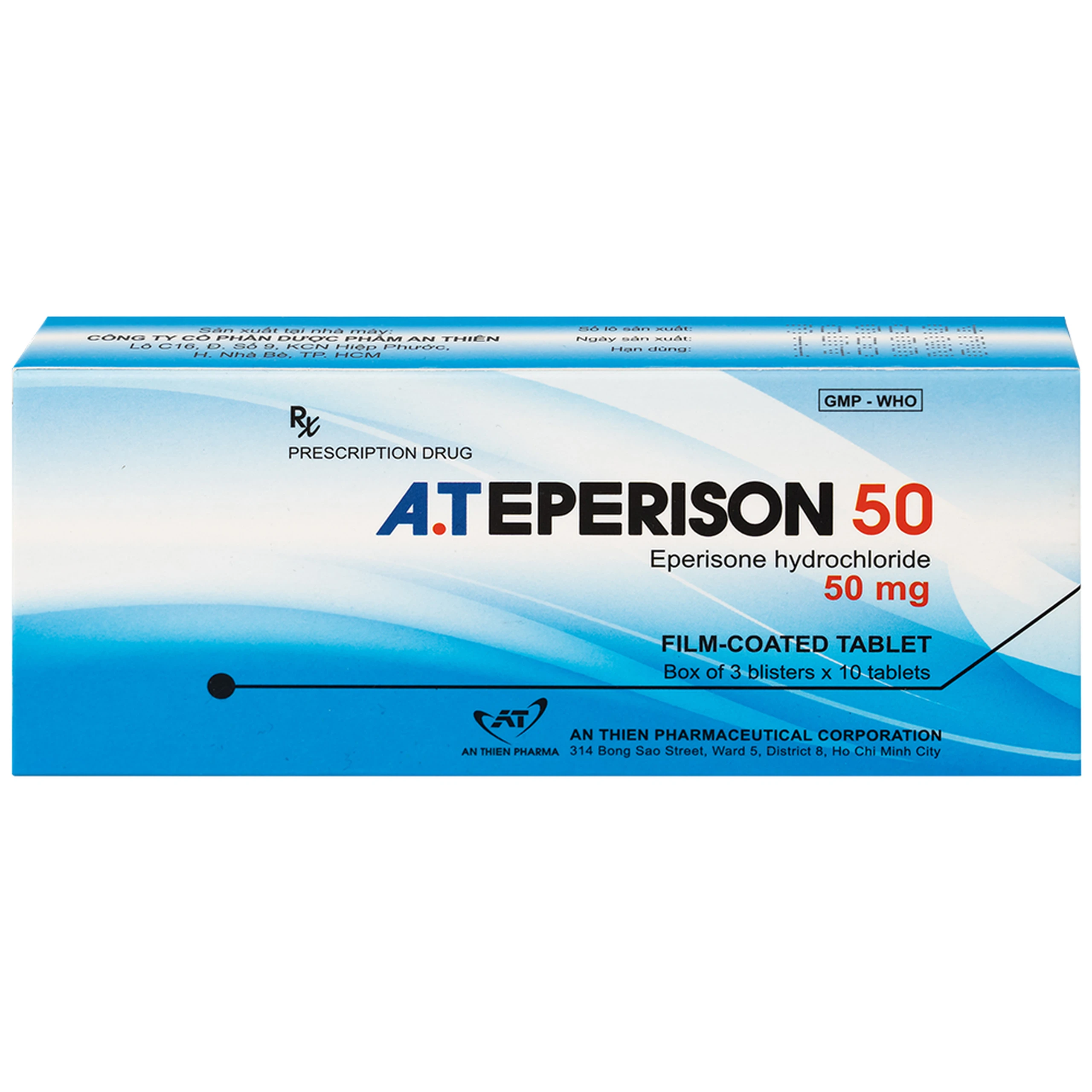 Thuốc A.Teperison 50 An Thiên Pharma điều trị thoái hóa cột sống cổ, bệnh mạch máu não (3 vỉ x 10 viên)
