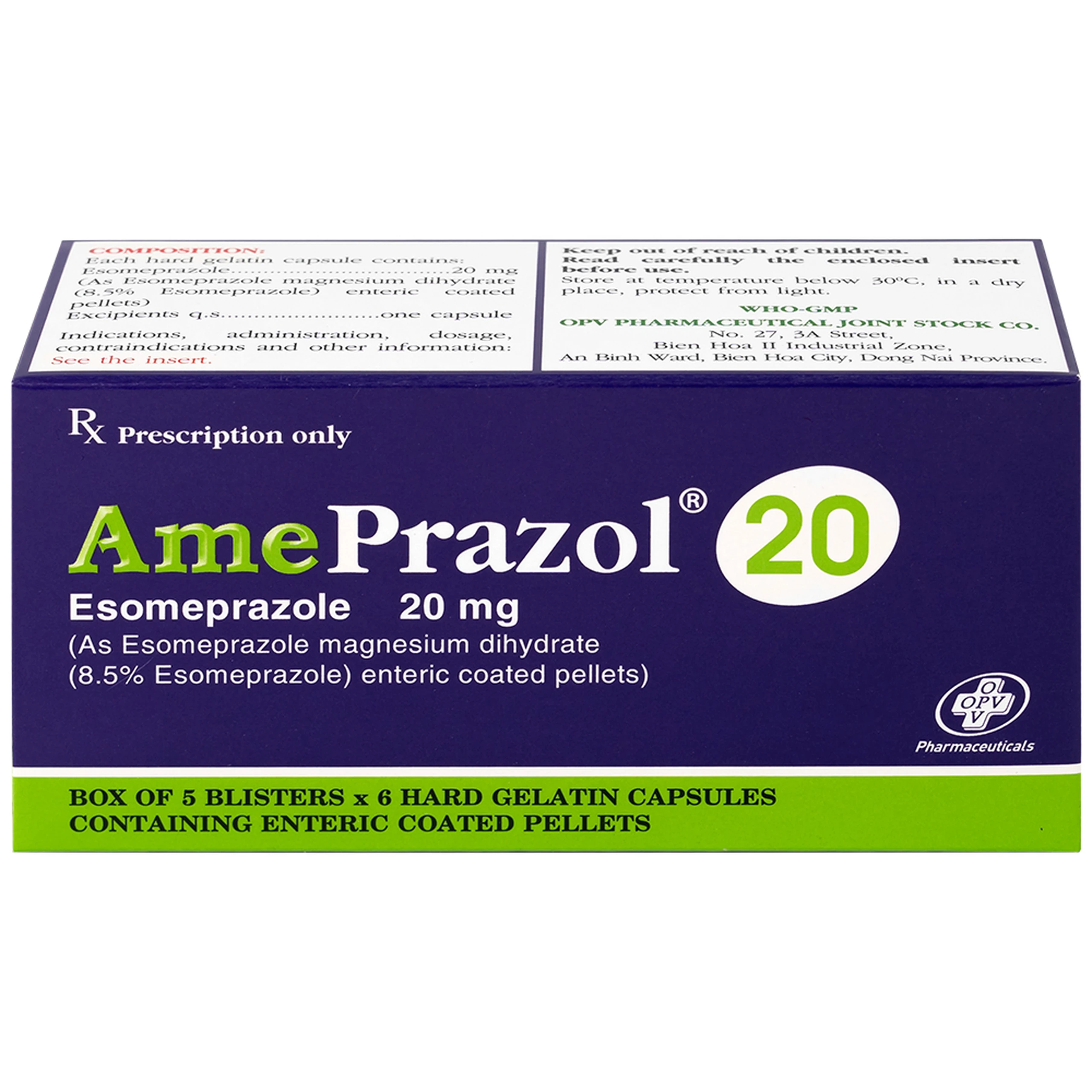 Thuốc AmePrazol 20mg OPV điều trị bệnh trào ngược dạ dày thực quản (5 vỉ x 6 viên)
