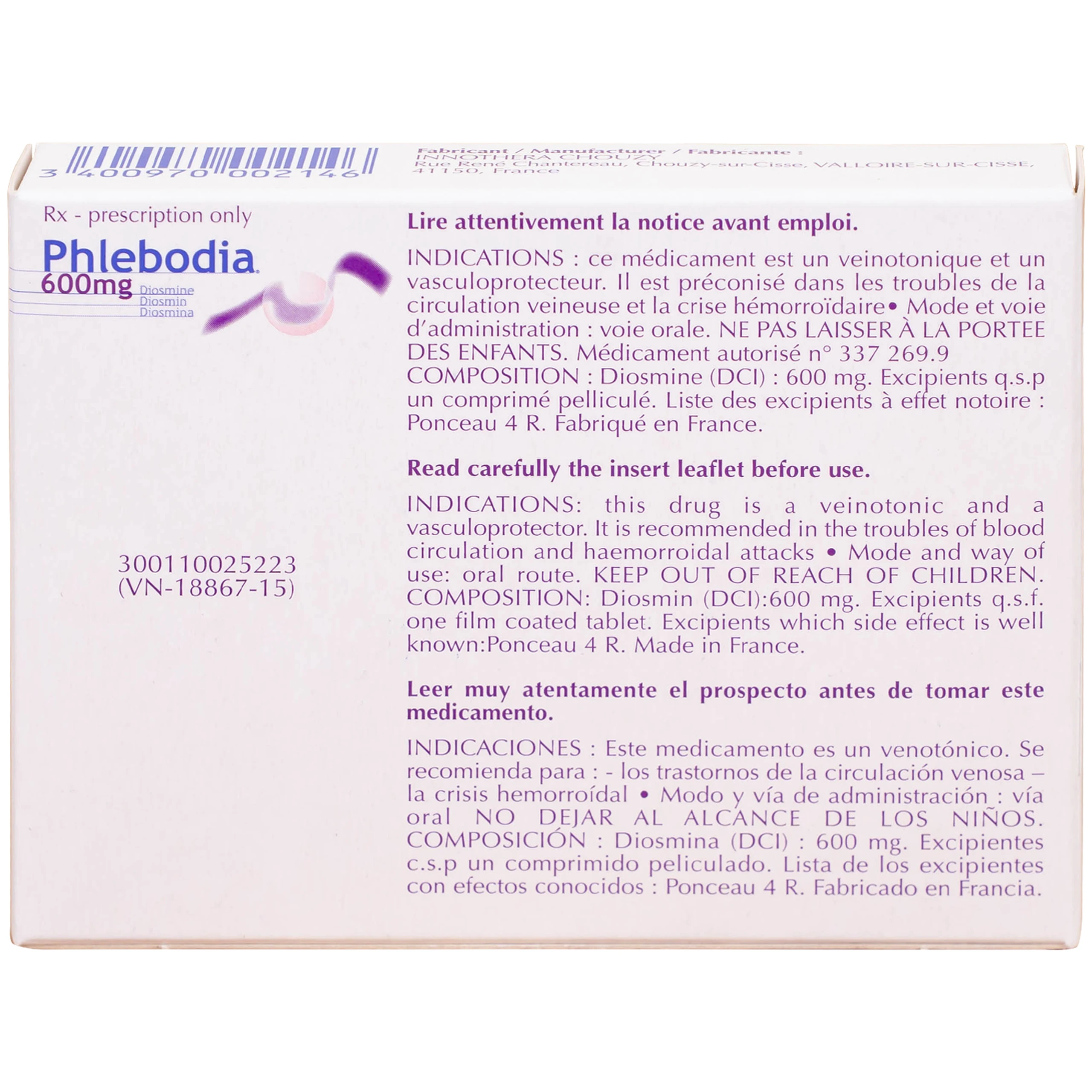 Thuốc Phlebodia 600mg Innothera điều trị trĩ cấp tính, suy tuần hoàn (2 vỉ x 15 viên)
