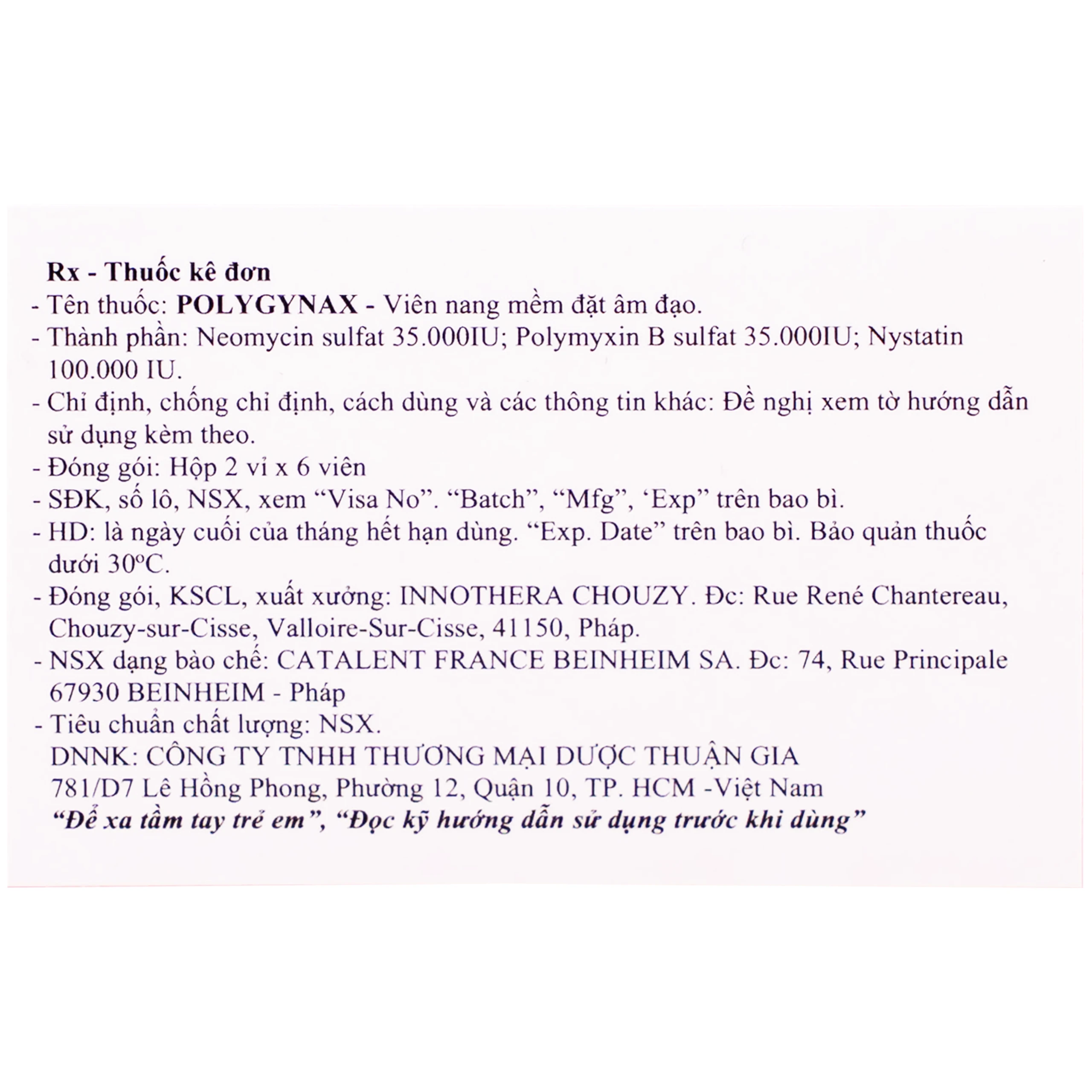 Viên đặt âm đạo Polygynax Innothera Chouzy điều trị viêm âm đạo, âm hộ - âm đạo (2 vỉ x 6 viên)