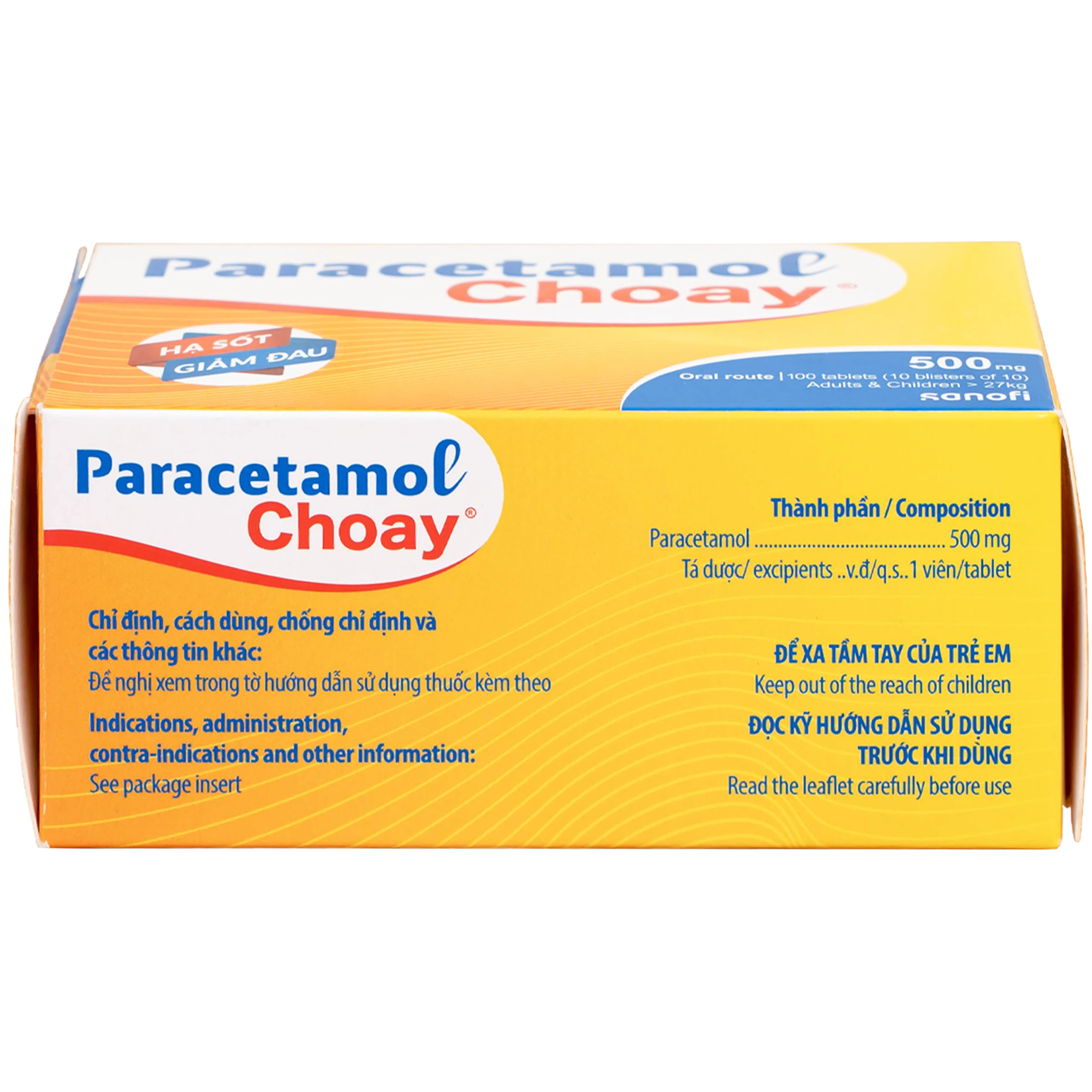 Viên nén Paracetamol Choay 500mg Sanofi điều trị triệu chứng đau từ nhẹ đến vừa, sốt (10 vỉ x 10 viên)