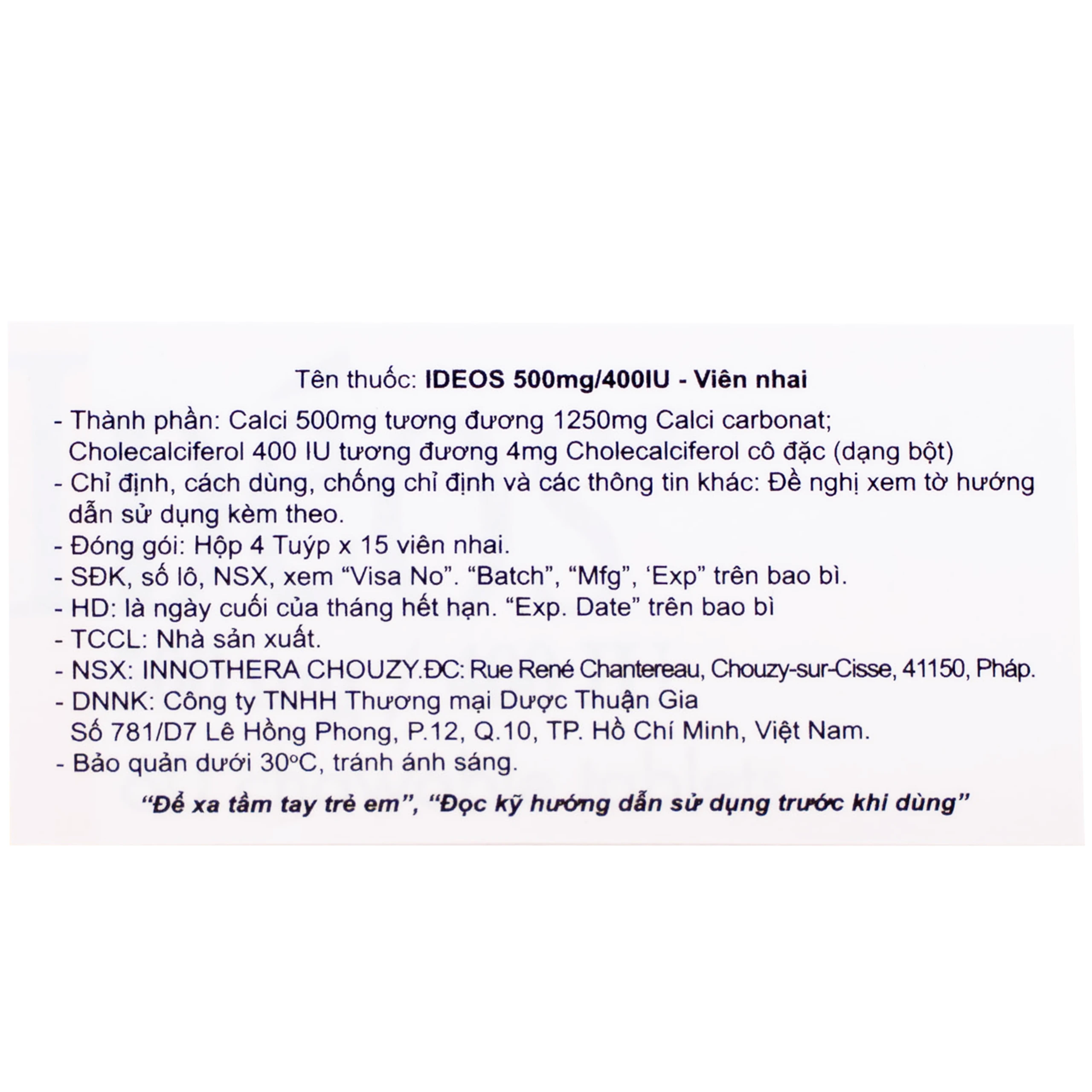 Thuốc Idéos 500mg/400IU Innotech bổ sung Vitamin D và Canxi, điều trị bệnh loãng xương (4 tuýp x 15 viên)