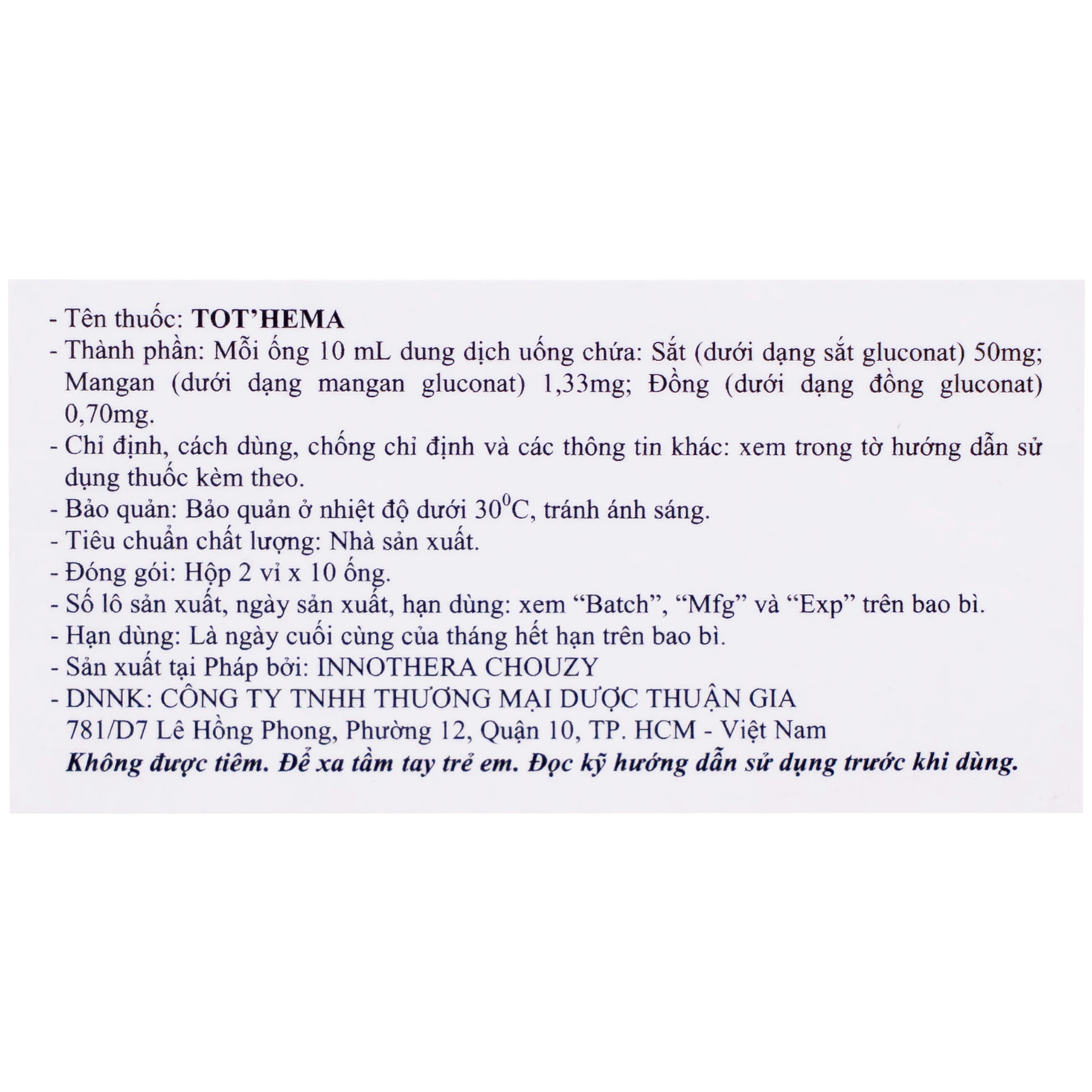 Dung dịch Tot'héma Innothera điều trị thiếu máu do sắt (2 vỉ x 10 ống x 10ml)