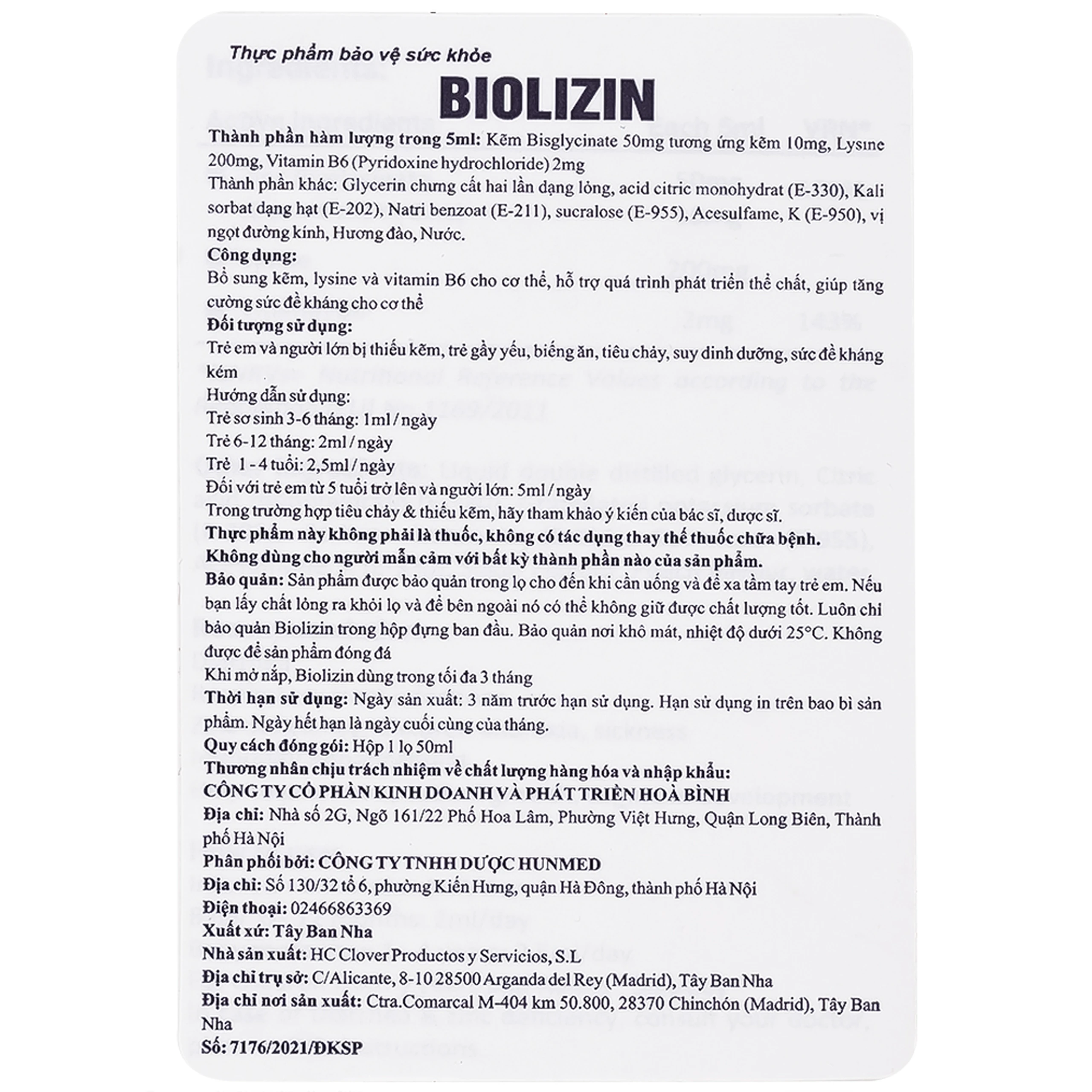 Siro bổ sung kẽm, lysine và vitamin B6 cho trẻ Biolizin (50ml)