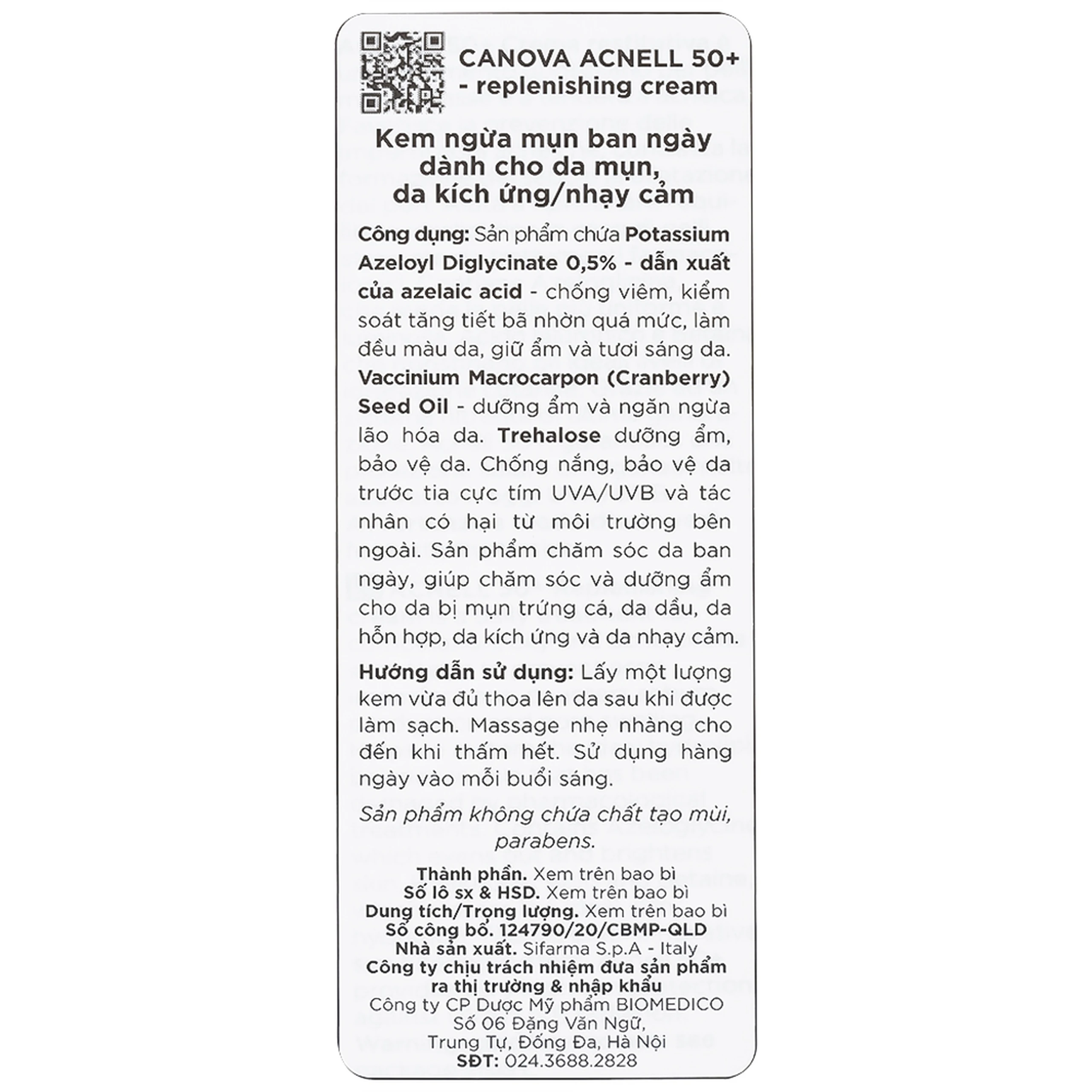 Kem ngừa mụn ban ngày Canova Acnell 50+ giúp chăm sóc và dưỡng ẩm cho da bị mụn, da kích ứng và da nhạy cảm (50ml)