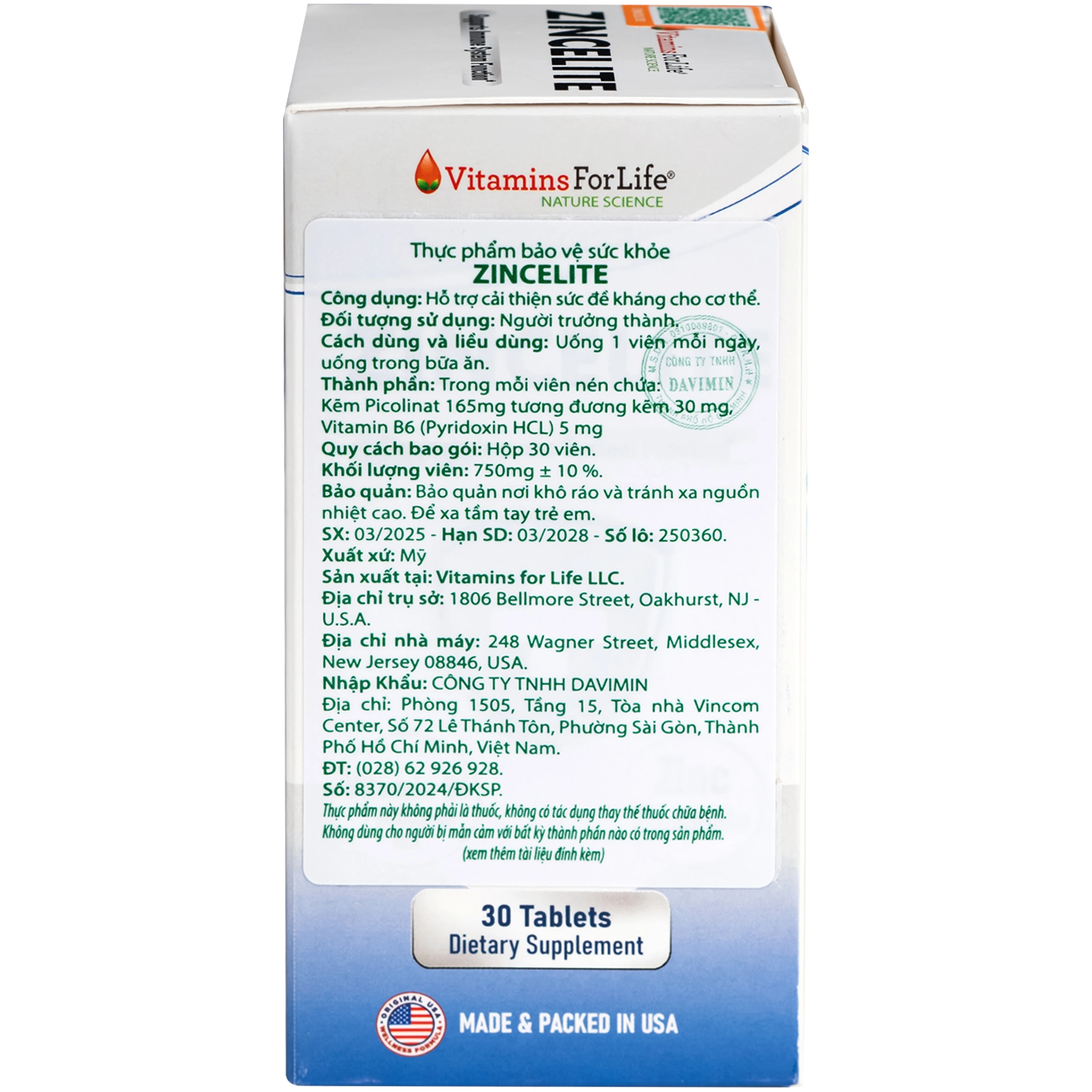 Viên uống hỗ trợ cải thiện sức đề kháng cho cơ thể ZINCELITE Vitamins For Life (Hộp 30 viên) 10